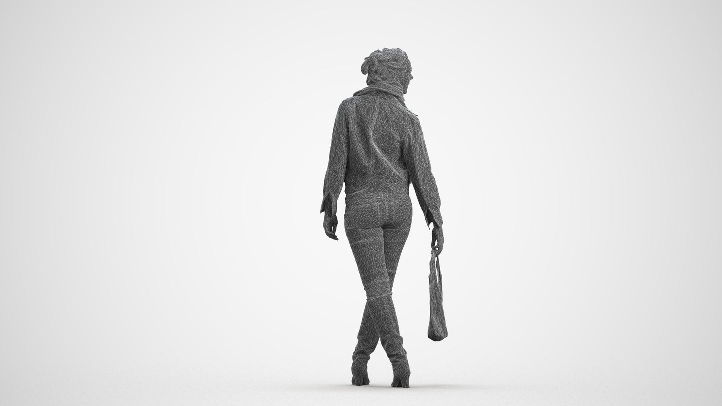 3D human model woman casual walking, photogrammetry scanned person for archviz, wireframe front view