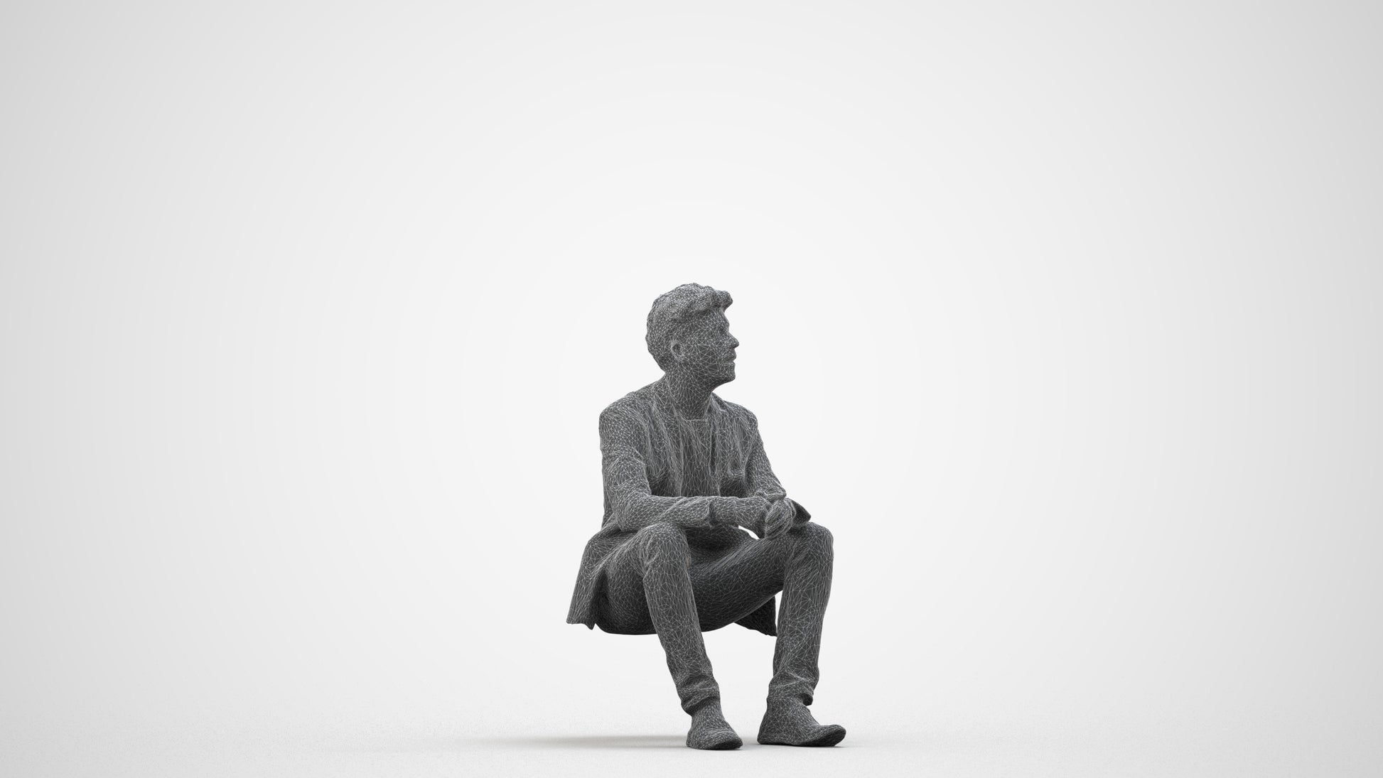realistic 3D man casual sitting, scanned archviz people for Blender and 3ds Max, wireframe side view