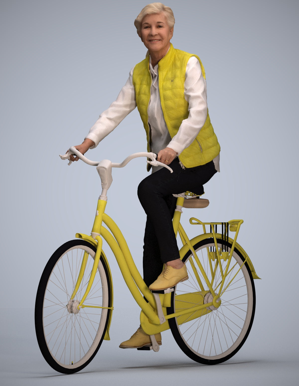 3D human model senior woman casual cycling, photogrammetry scanned person for archviz