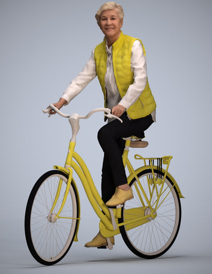 3D human model senior woman casual cycling, photogrammetry scanned person for archviz