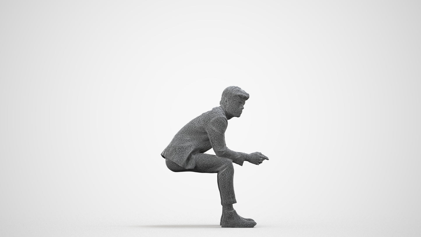 photogrammetry 3D man business sitting, realistic human model archviz FBX, wireframe side view