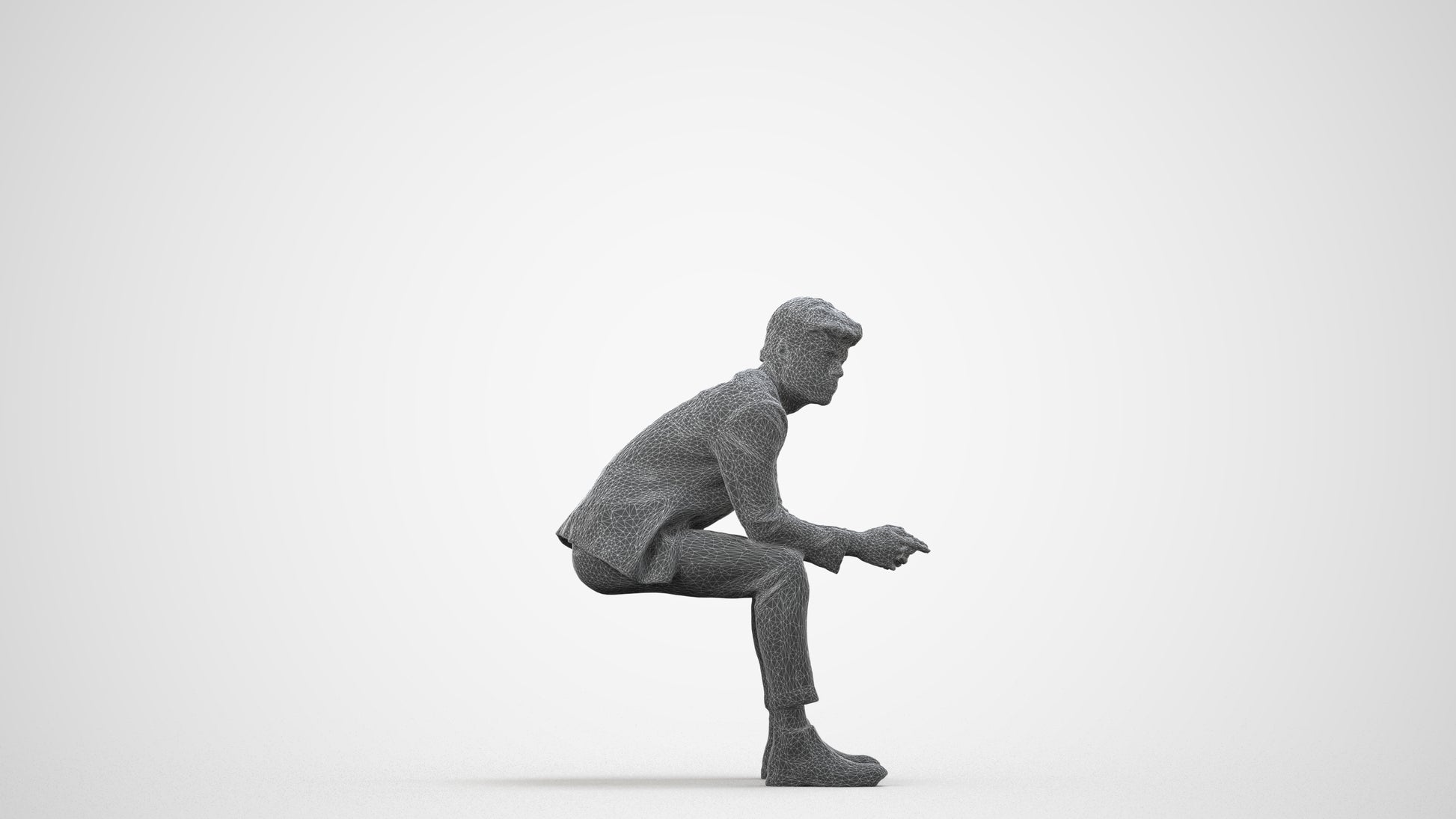 photogrammetry 3D man business sitting, realistic human model archviz FBX, wireframe side view