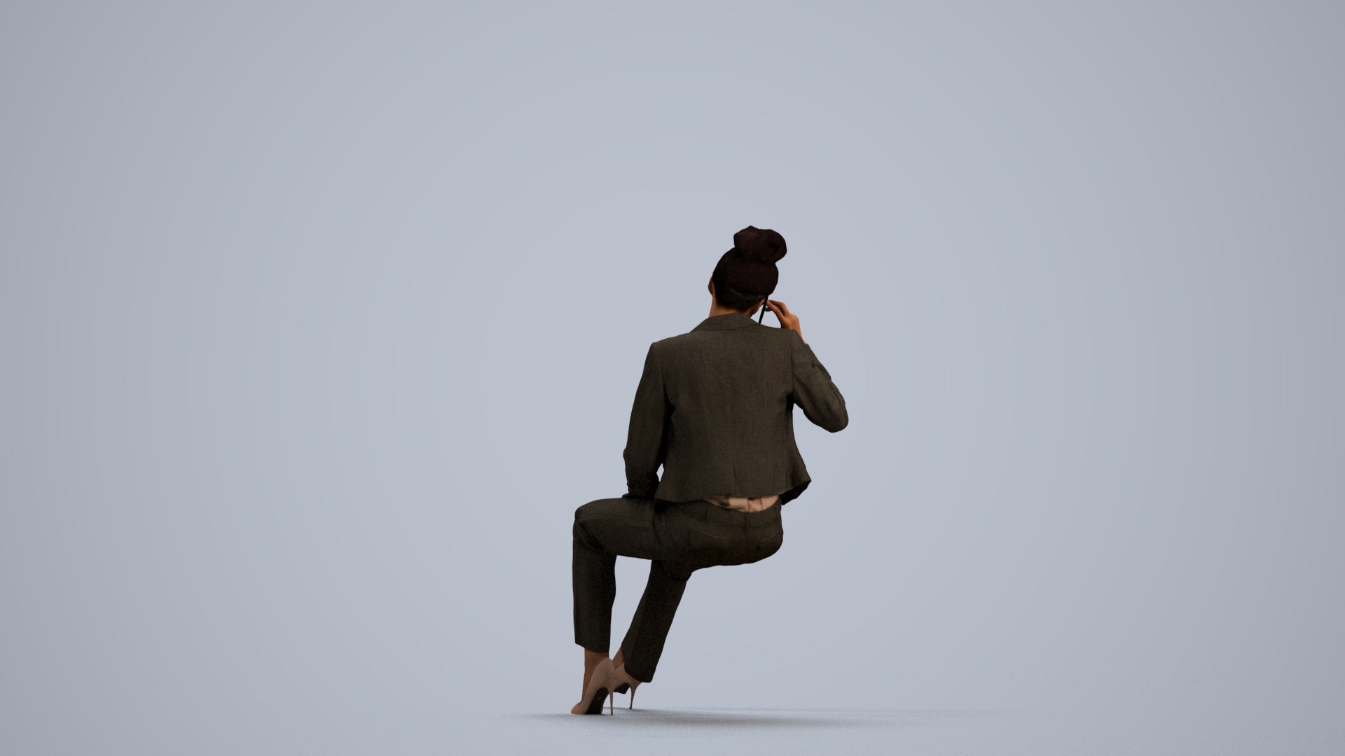 3D human model woman business sitting, photogrammetry scanned person for archviz, front view render