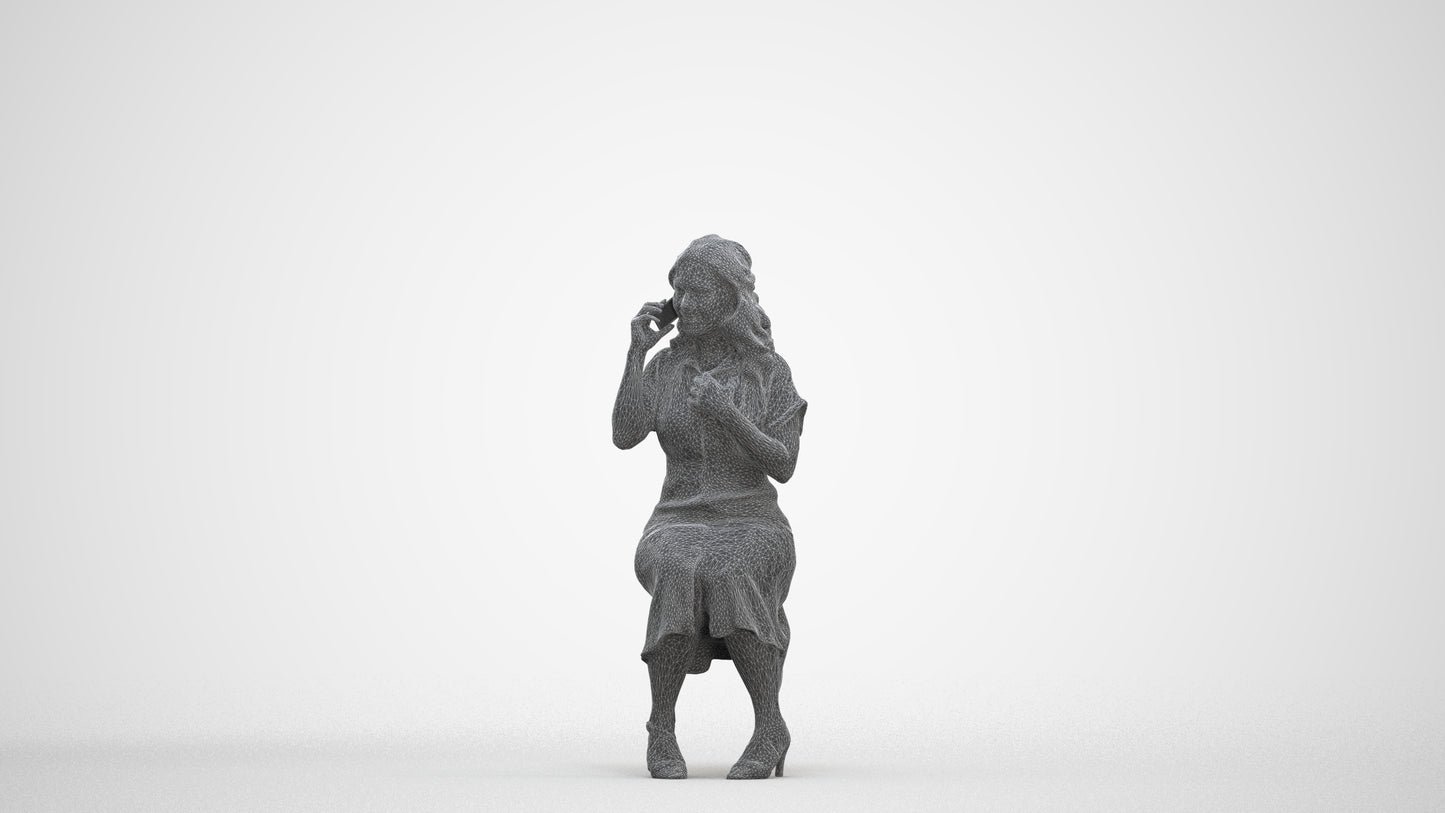 realistic 3D human woman casual sitting, archviz people FBX OBJ for Blender, three-quarter front view render