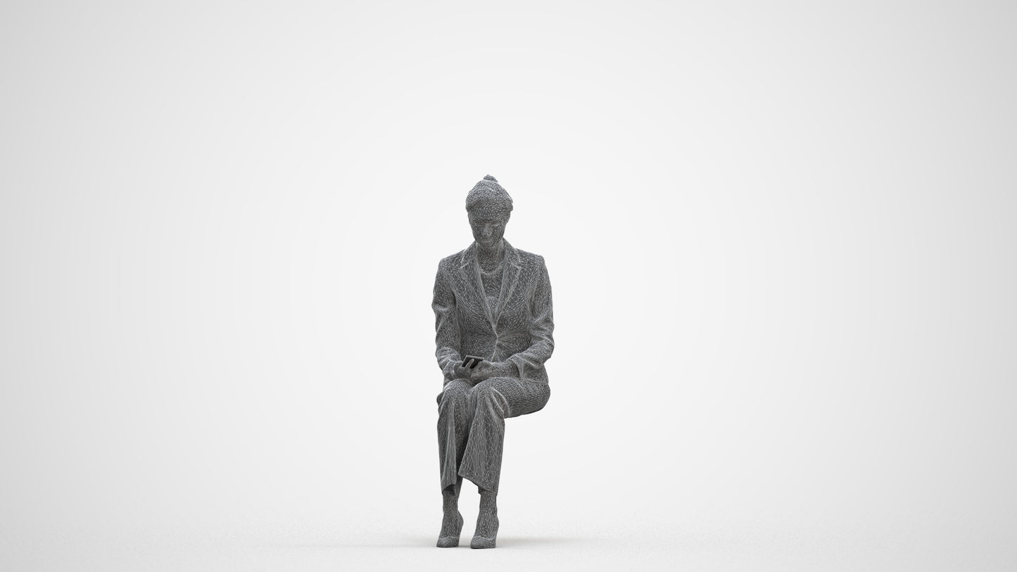 photogrammetry 3D woman business sitting, realistic human model archviz FBX, three-quarter front view render