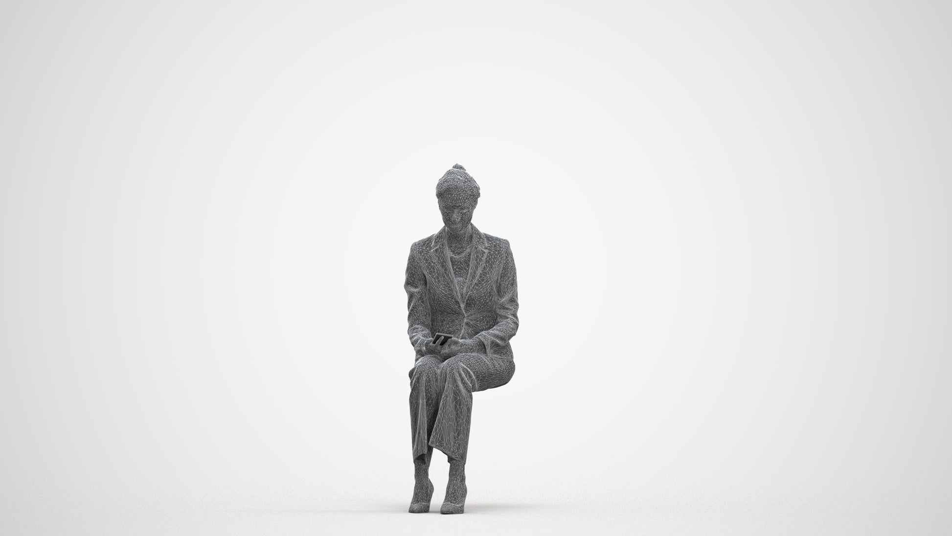 photogrammetry 3D woman business sitting, realistic human model archviz FBX, three-quarter front view render