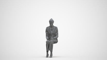 photogrammetry 3D woman business sitting, realistic human model archviz FBX, three-quarter front view render
