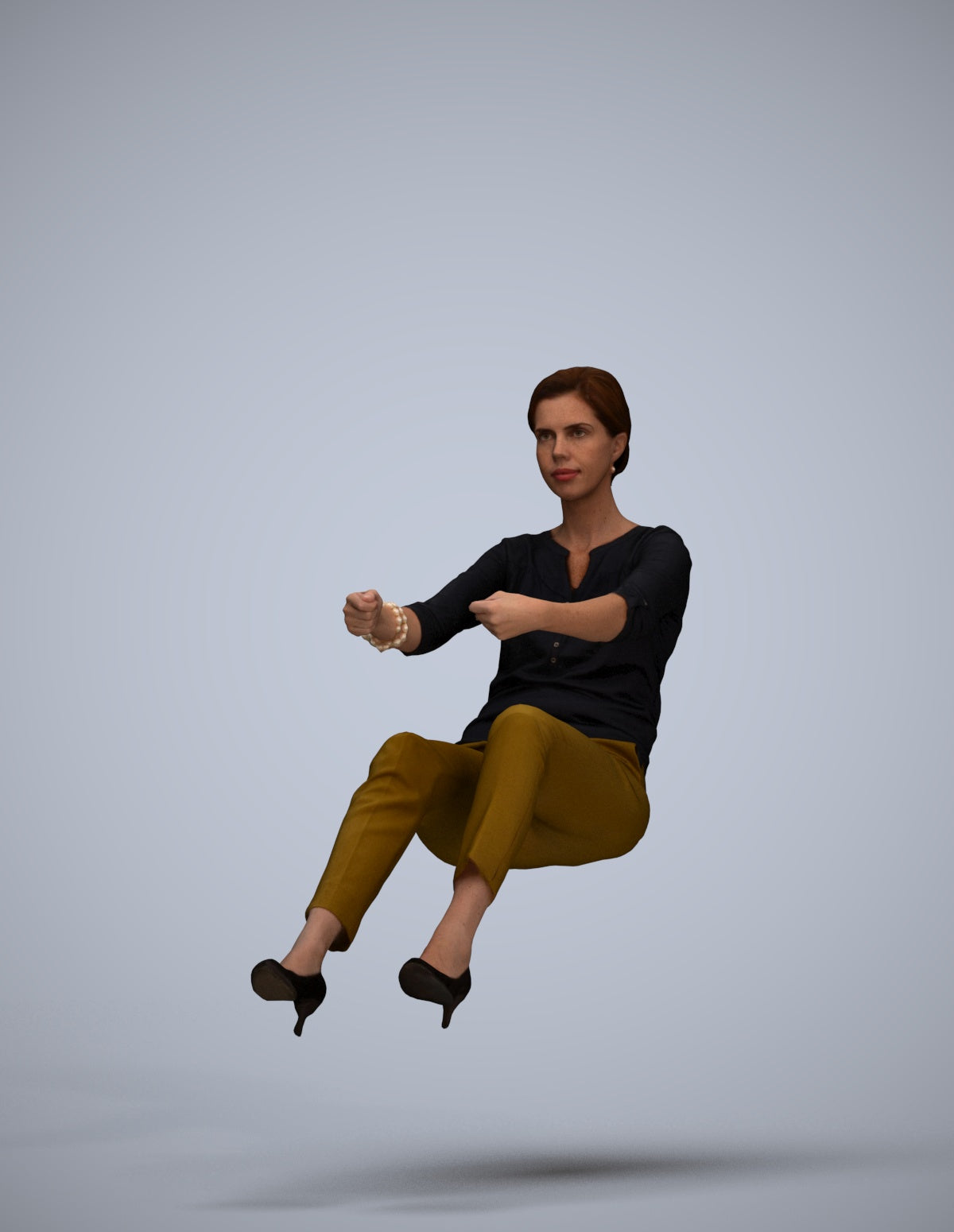 3D human model woman casual driving, photogrammetry scanned person for archviz