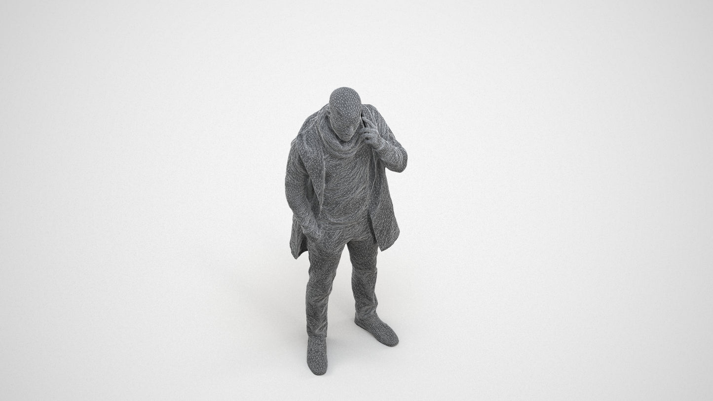 3D scanned man standing casual, photorealistic archviz people for Enscape and SketchUp, wireframe three-quarter view