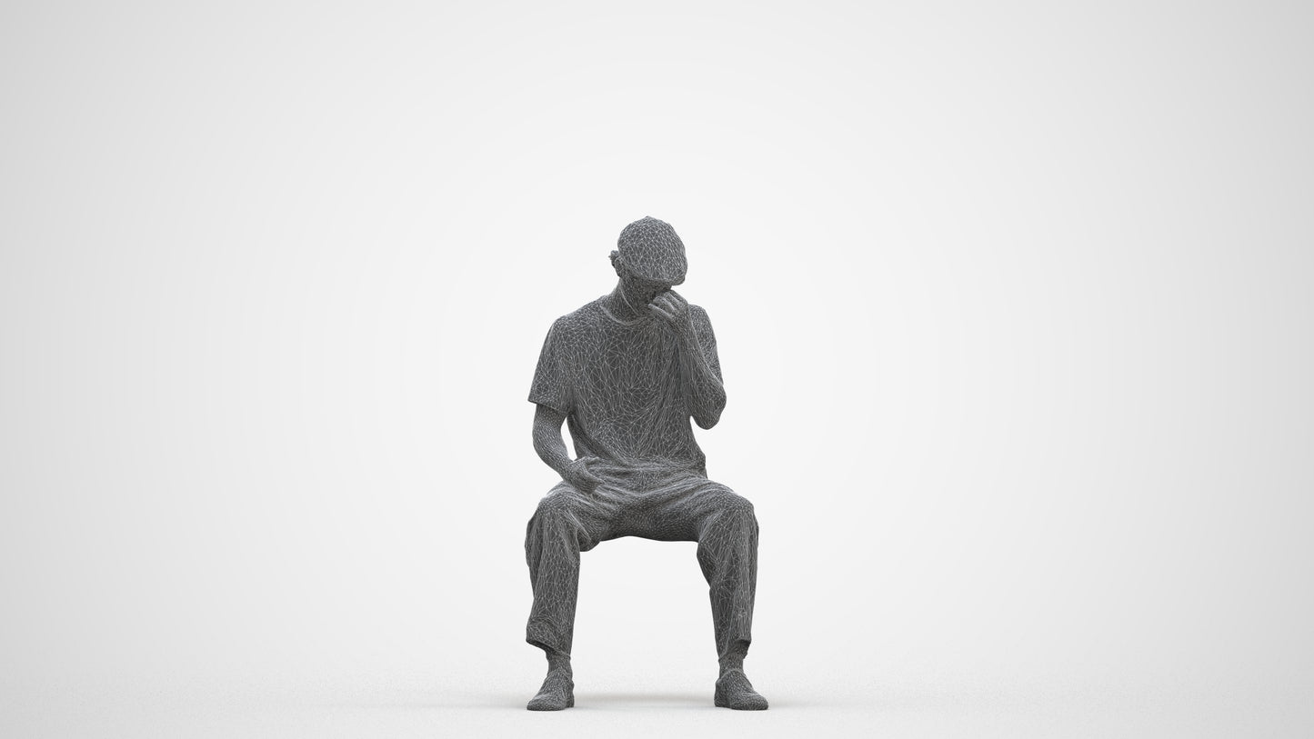 3D people model man casual sitting, scanned human for 3ds Max rendering, three-quarter front view render