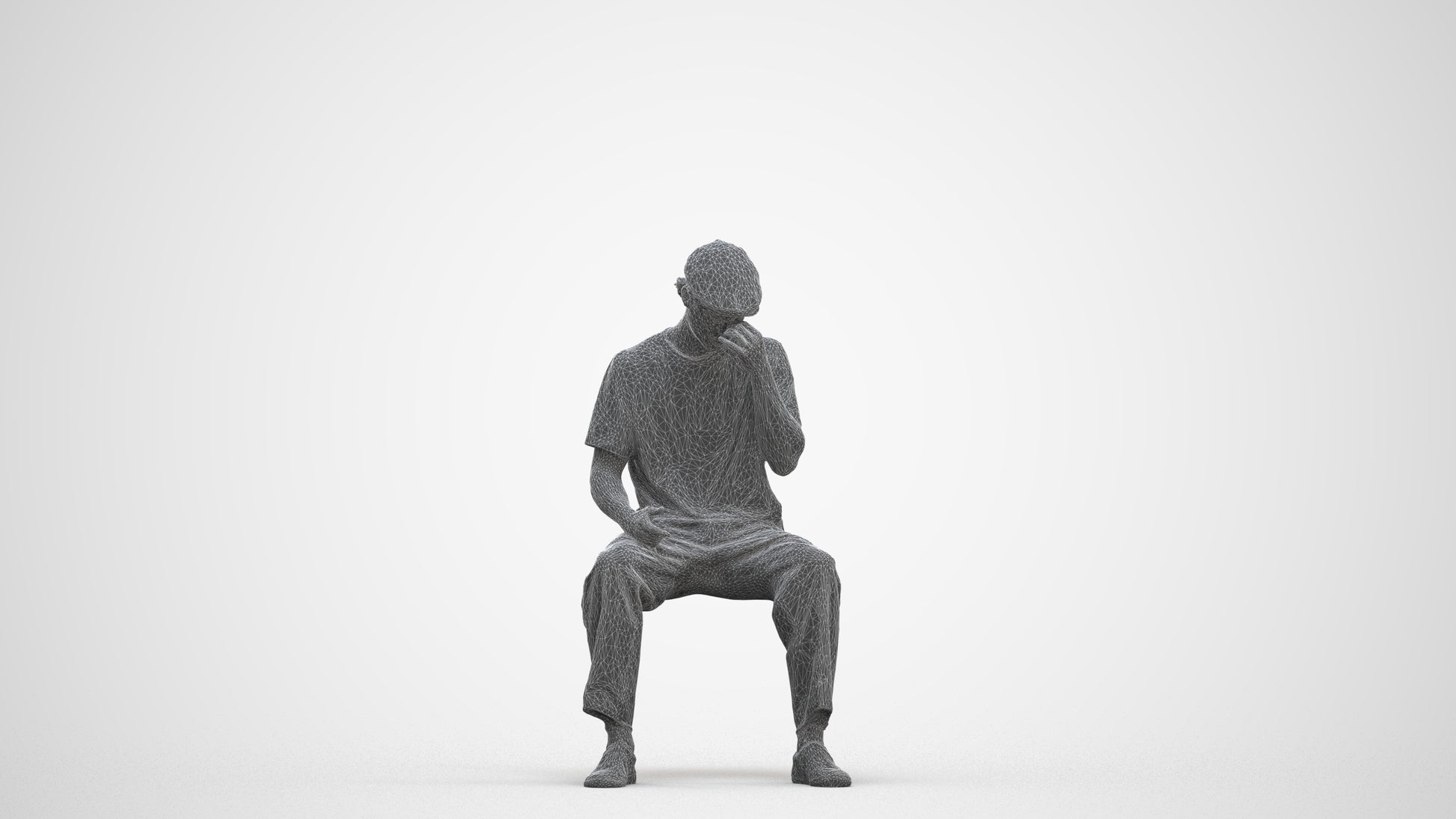 3D people model man casual sitting, scanned human for 3ds Max rendering, three-quarter front view render