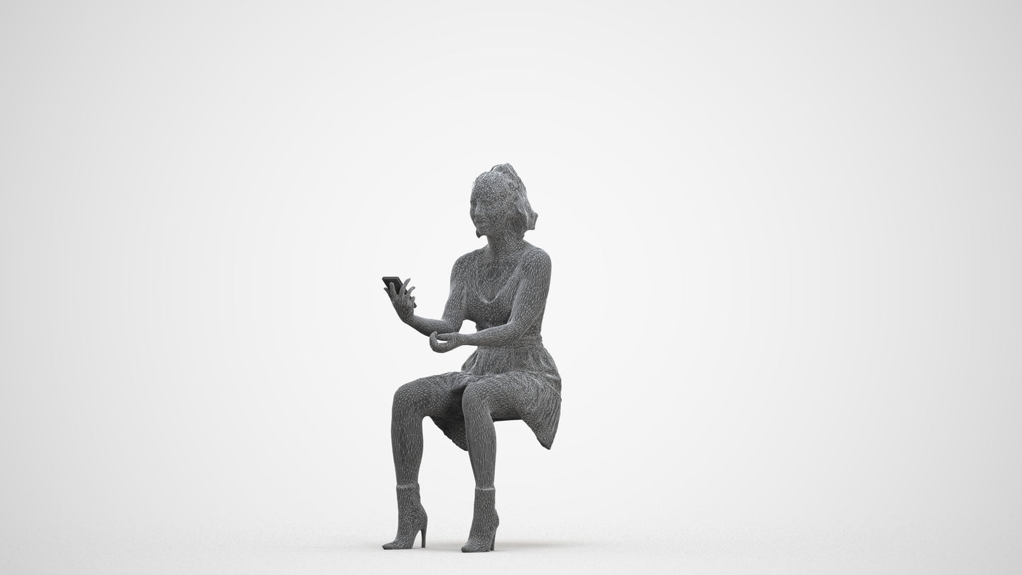 photogrammetry 3D woman casual sitting, realistic human model archviz FBX, three-quarter front view render