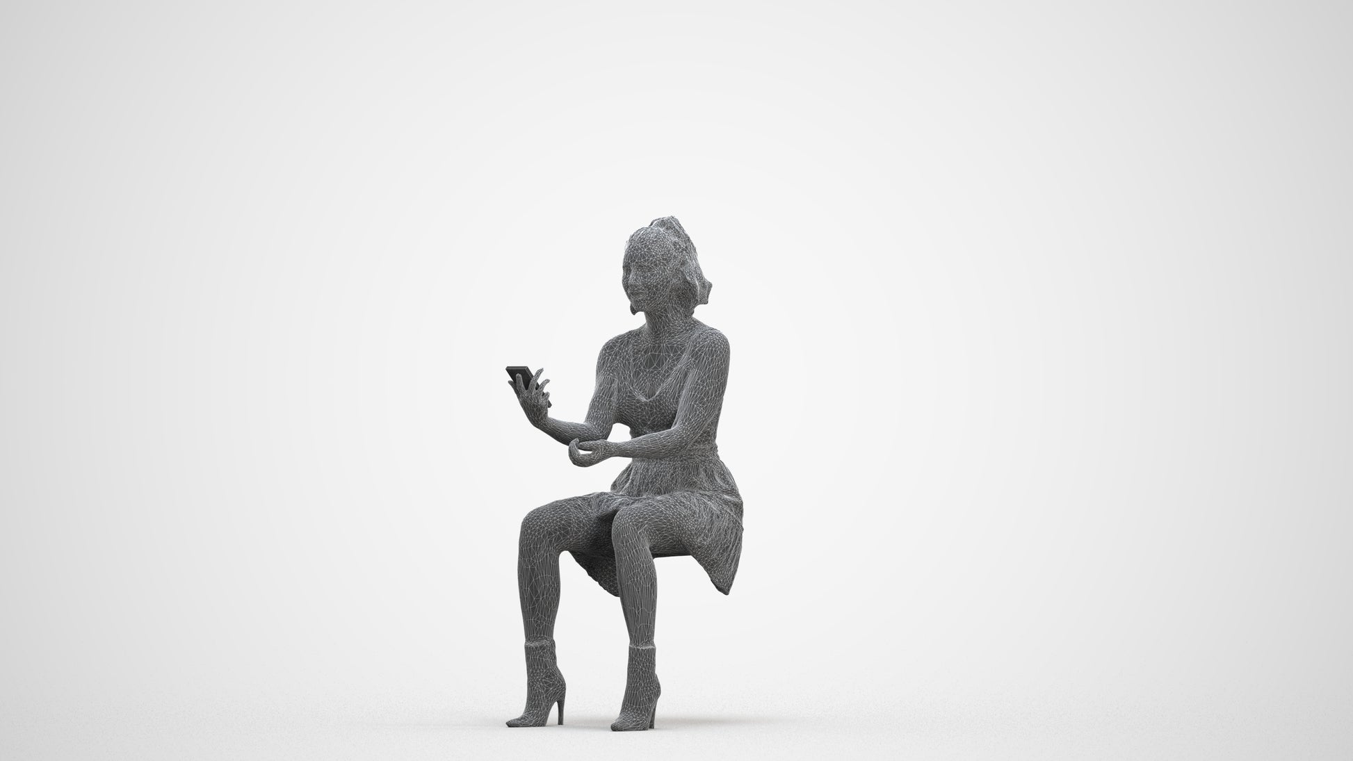 photogrammetry 3D woman casual sitting, realistic human model archviz FBX, three-quarter front view render