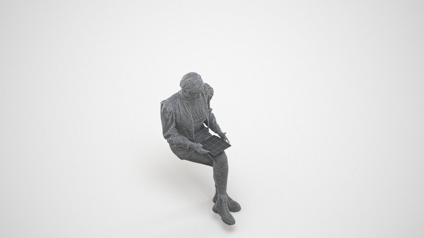 realistic 3D woman business sitting, scanned archviz people for Blender and 3ds Max, wireframe three-quarter view