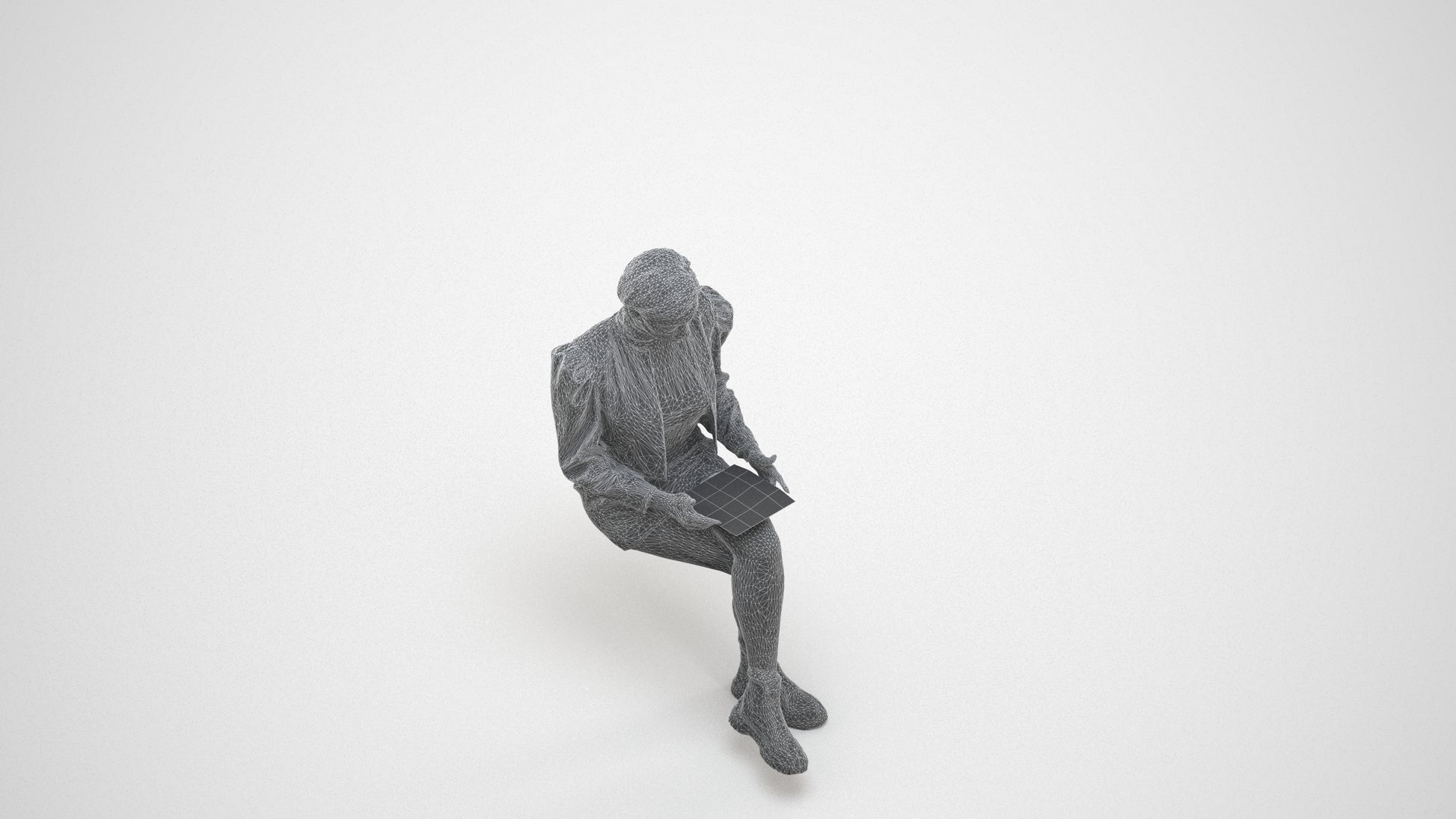 realistic 3D woman business sitting, scanned archviz people for Blender and 3ds Max, wireframe three-quarter view