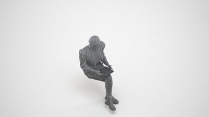 realistic 3D woman business sitting, scanned archviz people for Blender and 3ds Max, wireframe three-quarter view