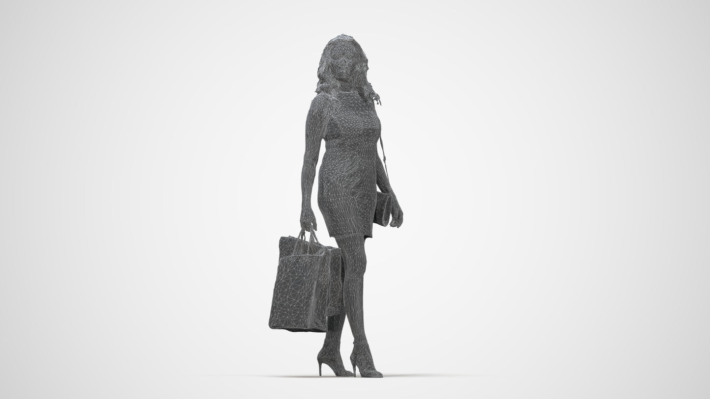 3D people model woman casual shopping, scanned human for 3ds Max rendering, wireframe back view