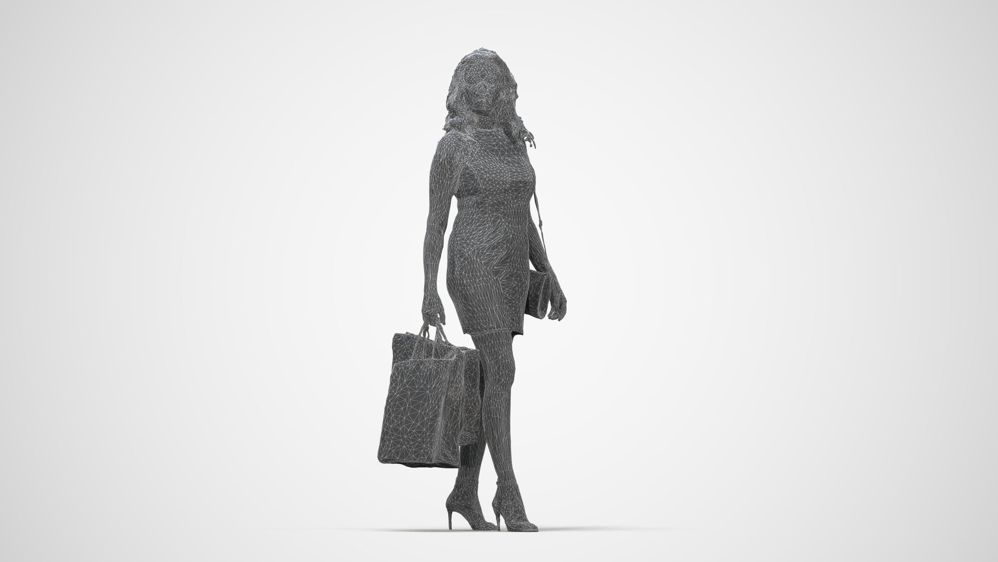 3D people model woman casual shopping, scanned human for 3ds Max rendering, wireframe back view