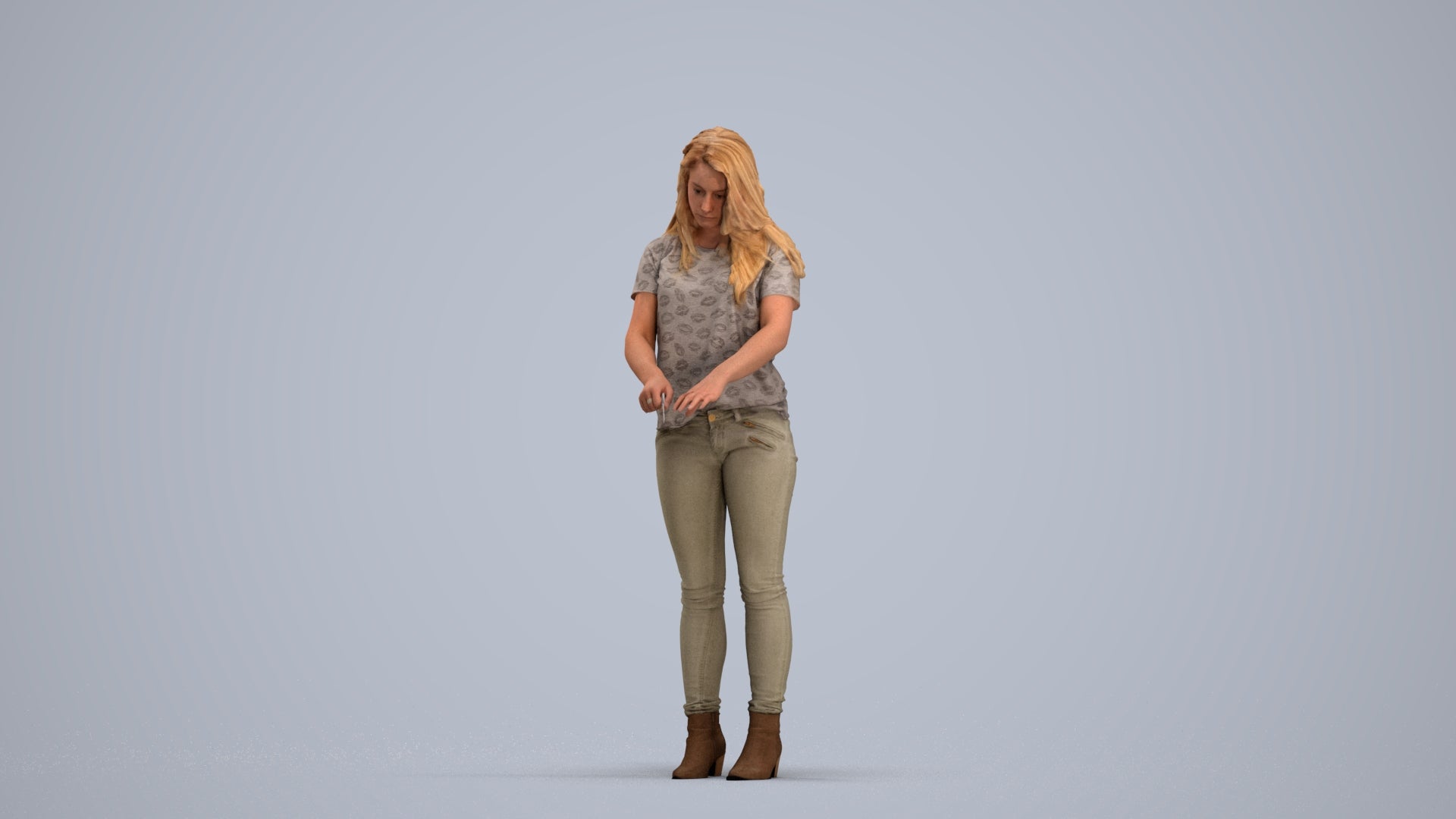 3D human model woman casual standing, photogrammetry scanned person for archviz, standing pose render