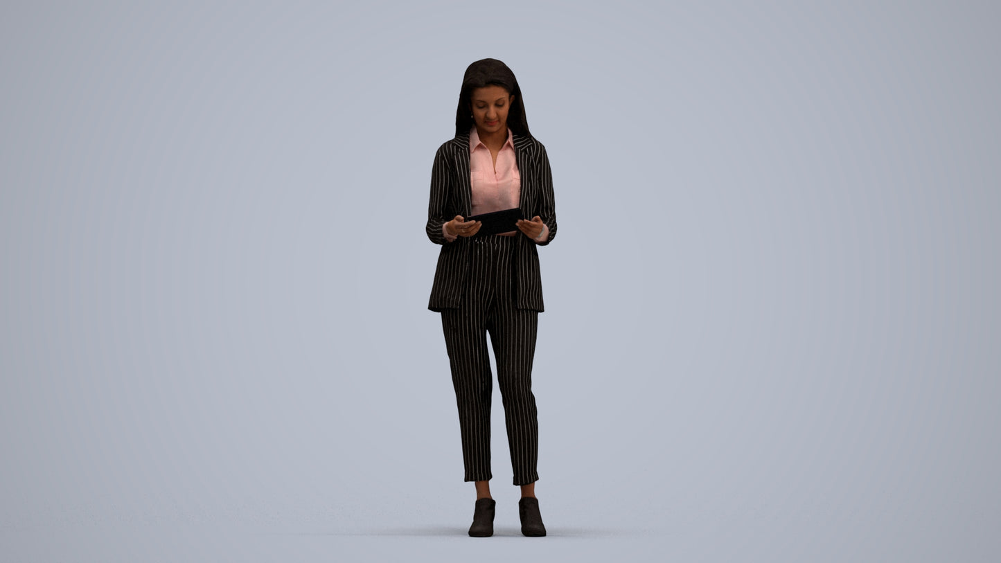 3D human model woman business, photogrammetry scanned person for archviz, standing pose render