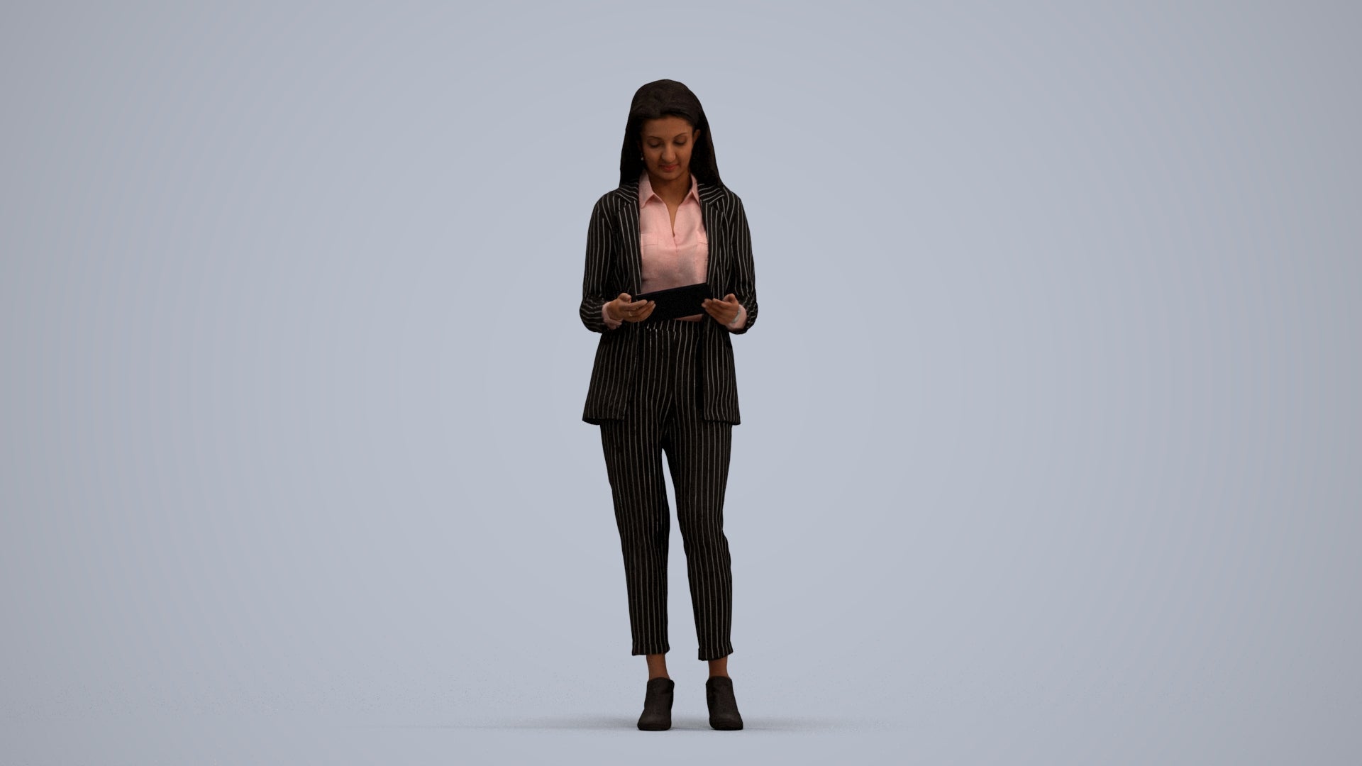 3D human model woman business, photogrammetry scanned person for archviz, standing pose render