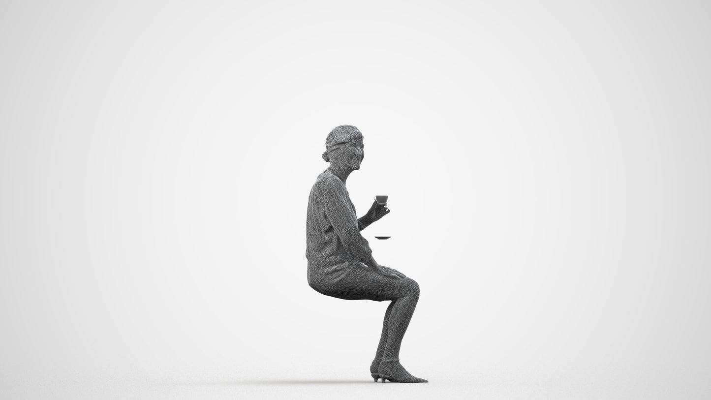 realistic 3D human senior woman casual sitting, archviz people FBX OBJ for Blender, wireframe side view