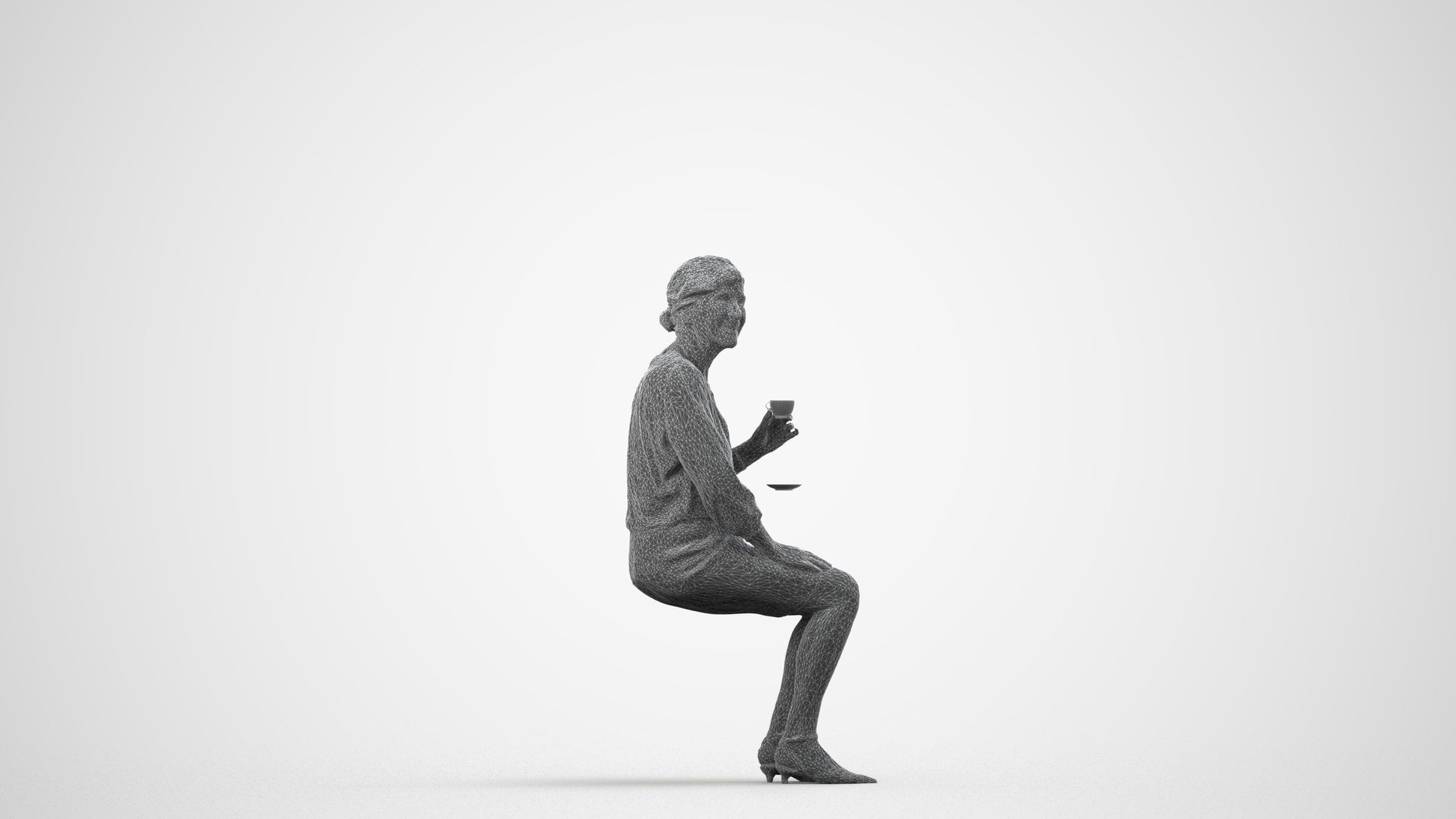 realistic 3D human senior woman casual sitting, archviz people FBX OBJ for Blender, wireframe side view