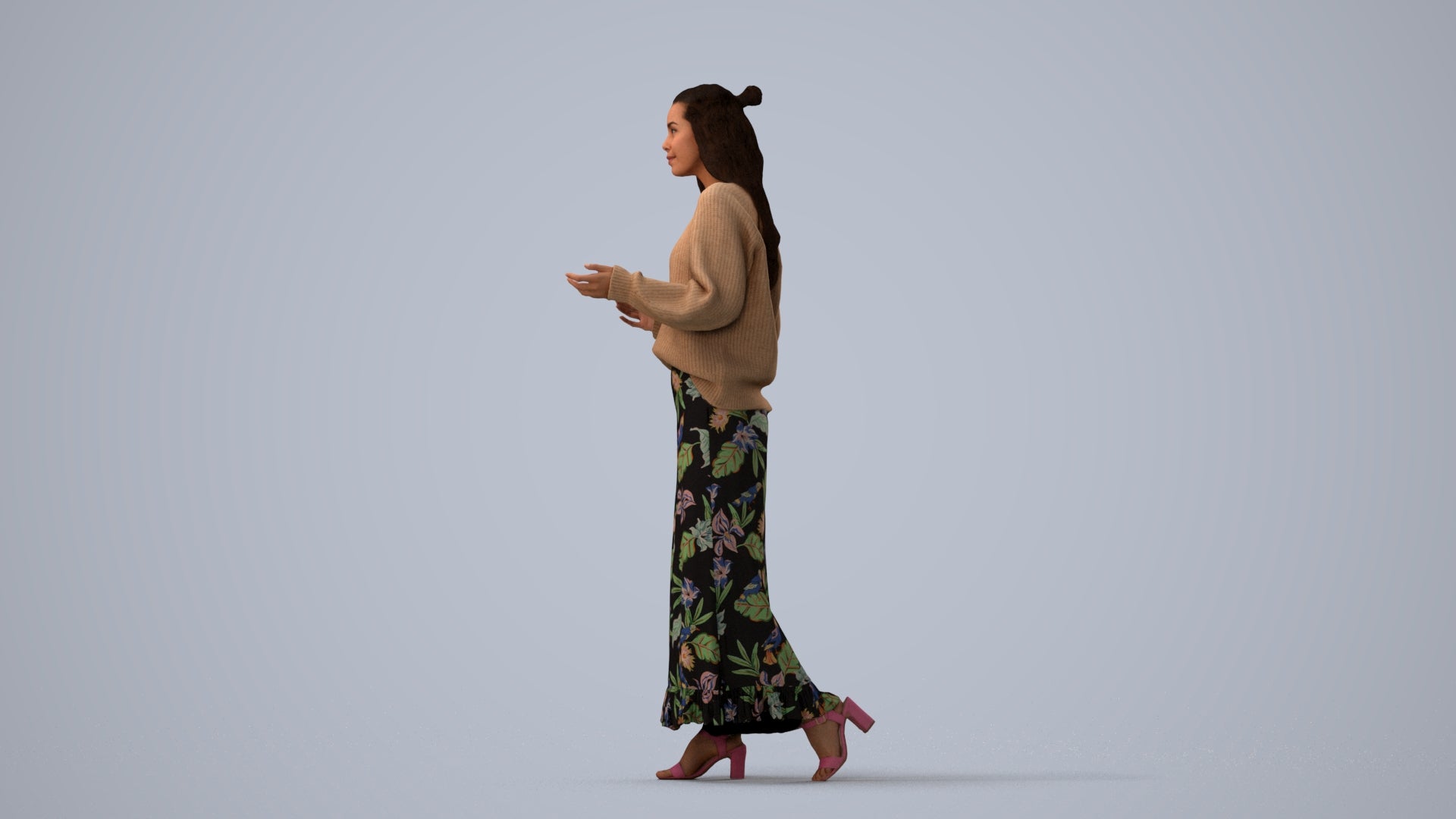3D scanned woman standing casual, photorealistic archviz people for Enscape and SketchUp, three-quarter view render