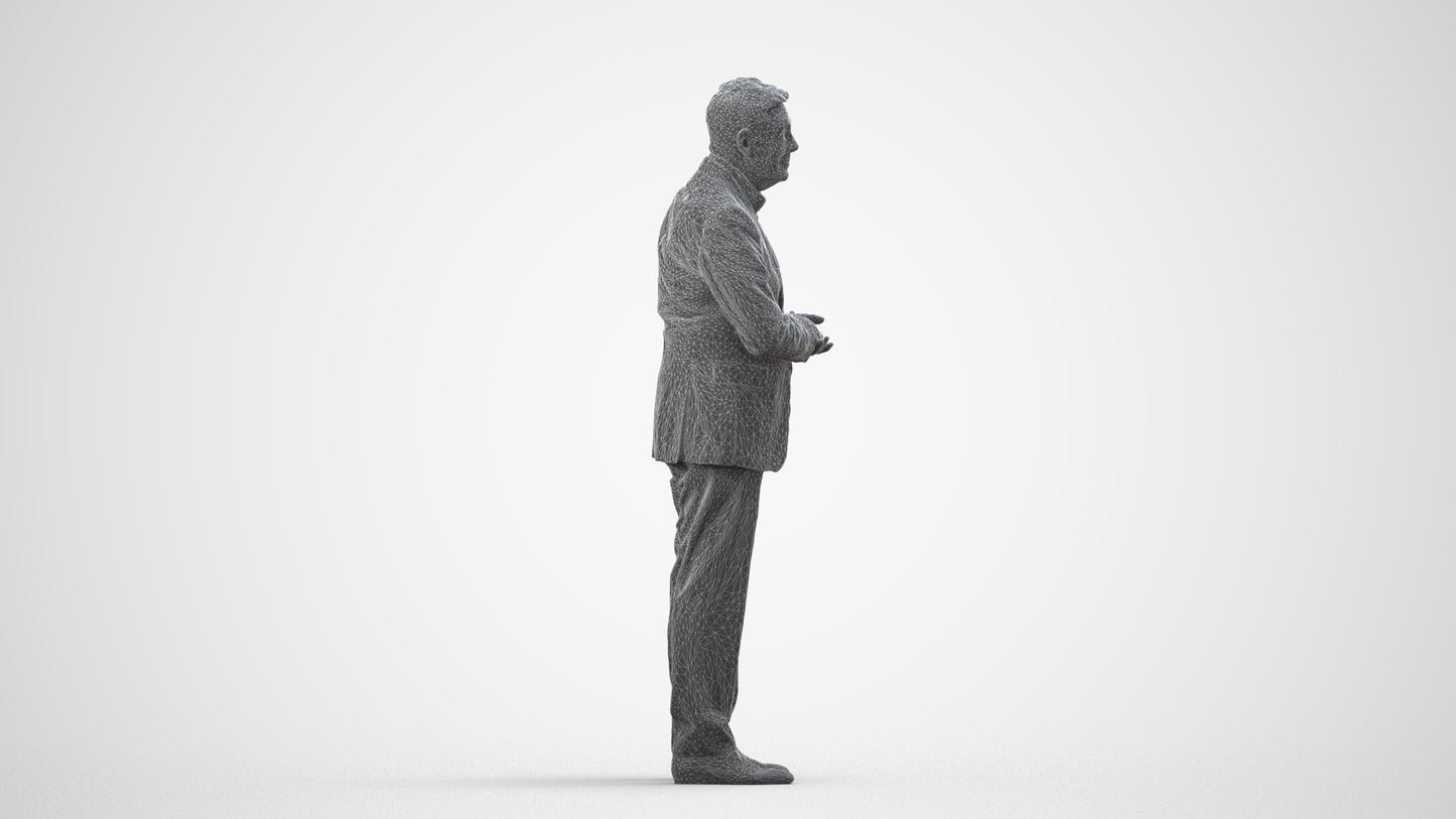 scanned 3D senior man business, photogrammetry people for Enscape and V-Ray, wireframe side view
