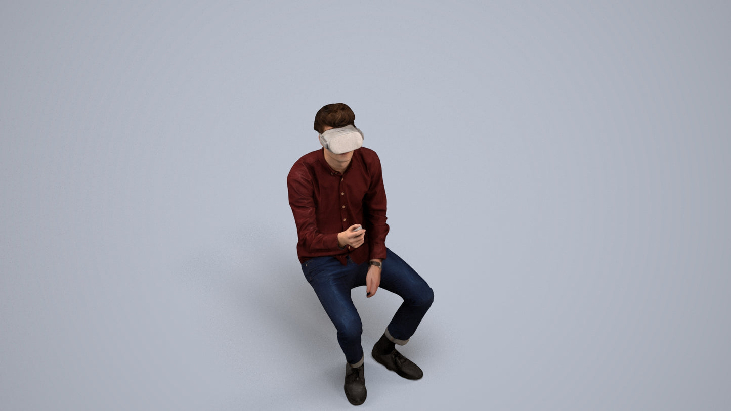 scanned 3D man casual sitting, photogrammetry people for Enscape and V-Ray, back view render
