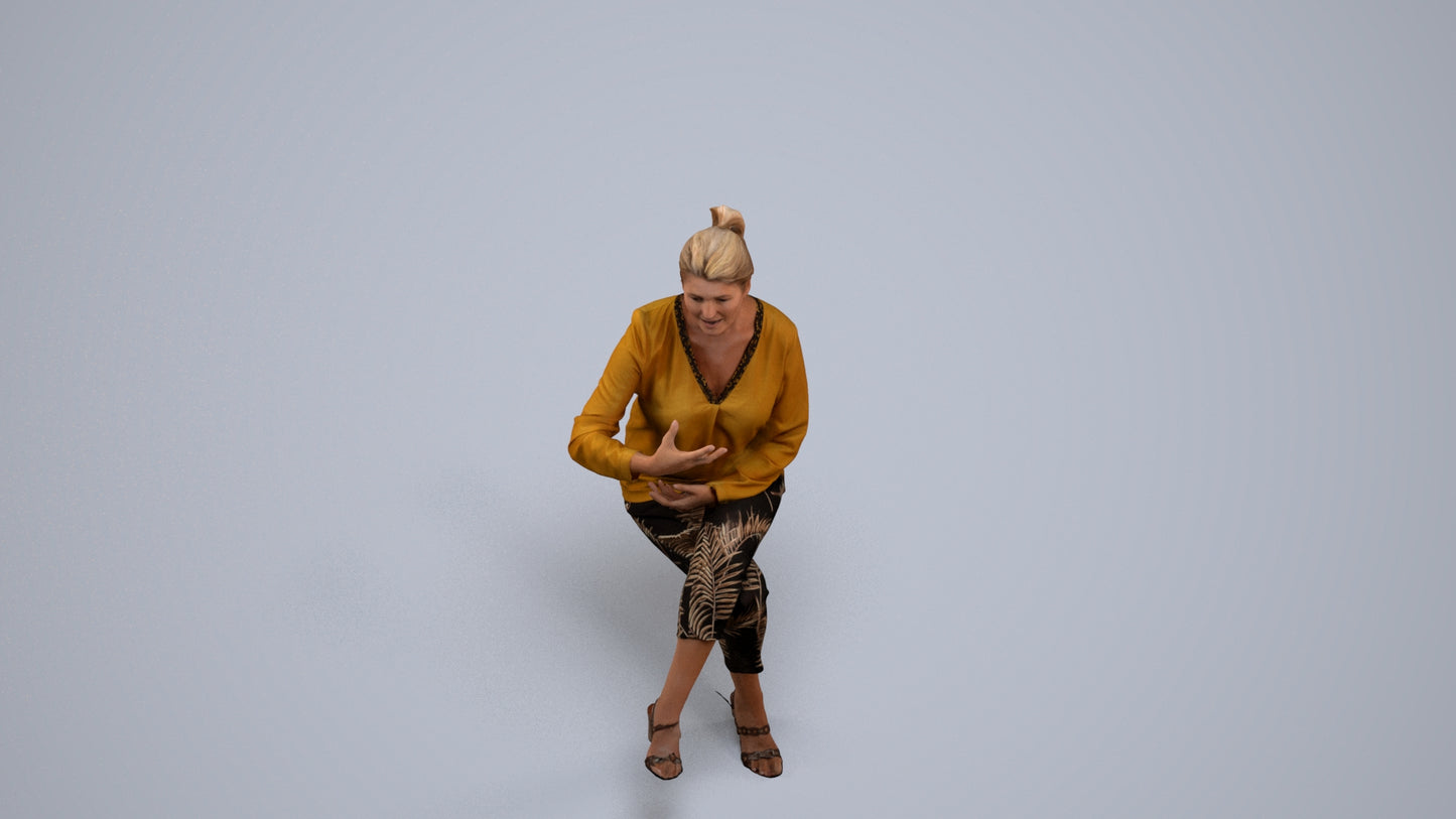 3D human model woman casual sitting, photogrammetry scanned person for archviz, back view render