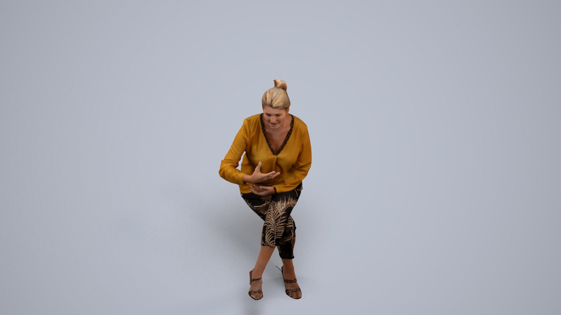3D human model woman casual sitting, photogrammetry scanned person for archviz, back view render