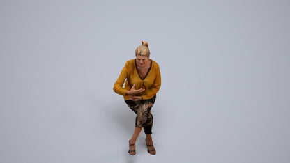 3D human model woman casual sitting, photogrammetry scanned person for archviz, back view render