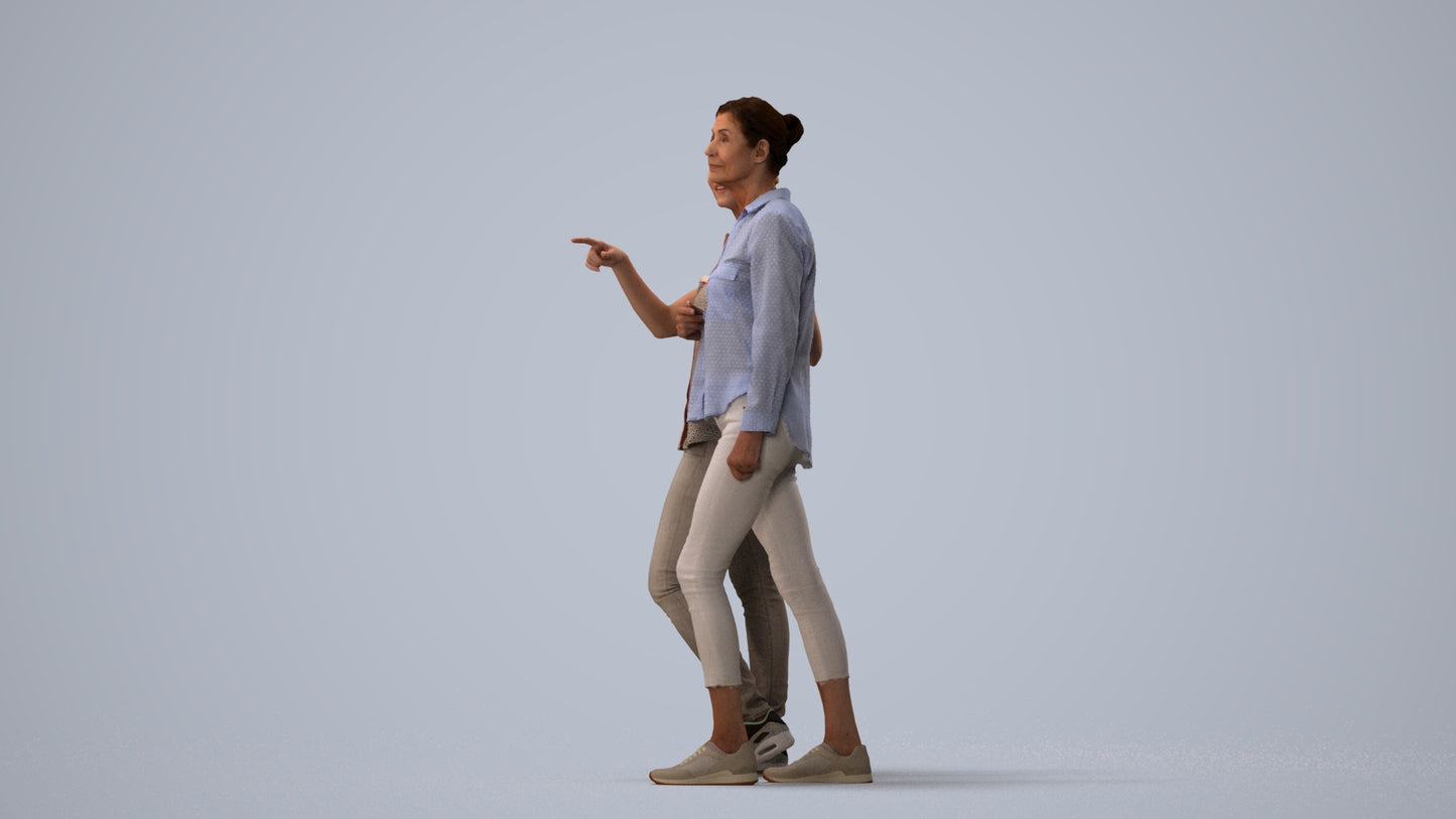 3D human model woman casual couple, photogrammetry scanned person for archviz, three-quarter view render