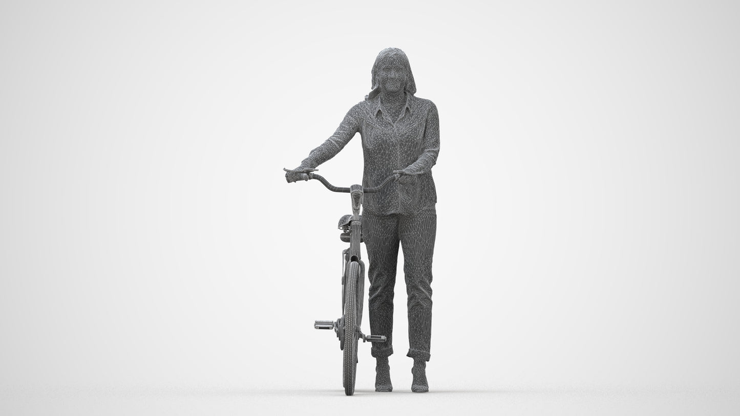realistic 3D human woman casual cycling, archviz people FBX OBJ for Blender, wireframe back view