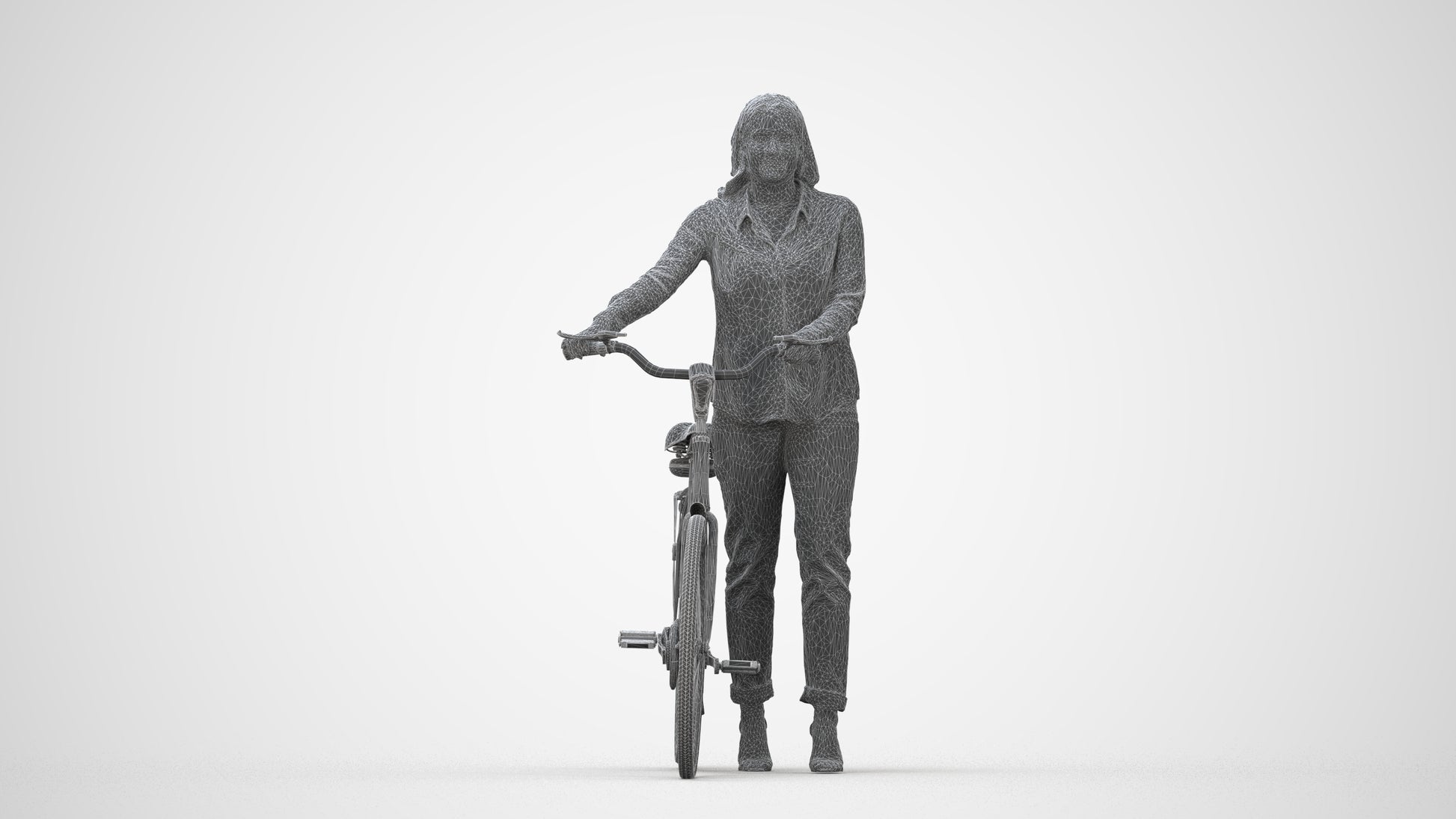 realistic 3D human woman casual cycling, archviz people FBX OBJ for Blender, wireframe back view
