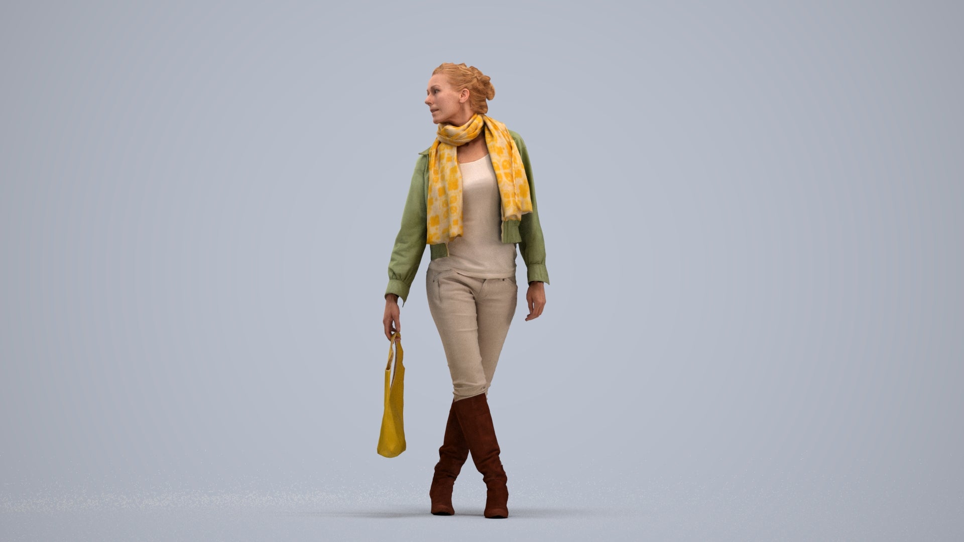 3D human model woman casual walking, photogrammetry scanned person for archviz, standing pose render