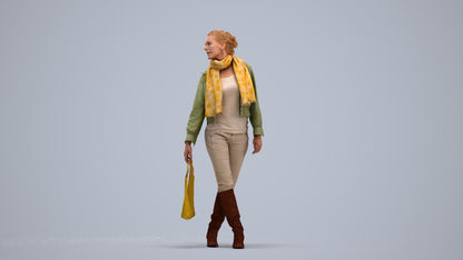 3D human model woman casual walking, photogrammetry scanned person for archviz, standing pose render