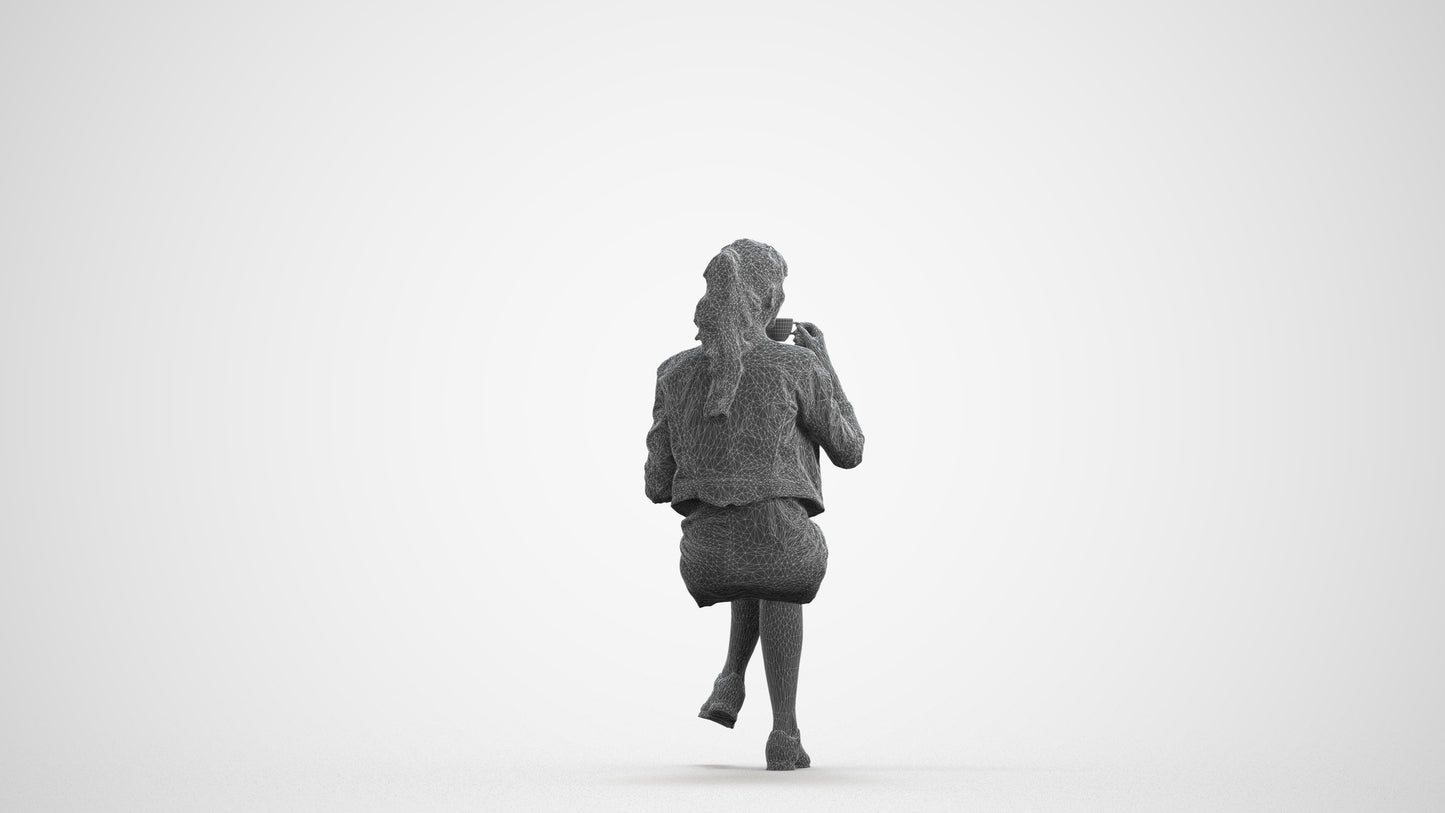 3D people model woman casual sitting, scanned human for 3ds Max rendering, wireframe front view