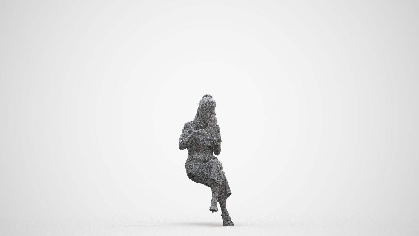3D scanned woman sitting casual, photorealistic archviz people for Enscape and SketchUp, three-quarter front view render