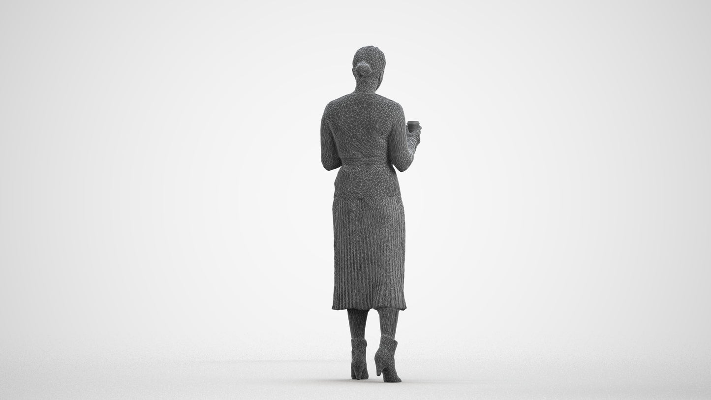 realistic 3D woman casual walking, scanned archviz people for Blender and 3ds Max, wireframe front view