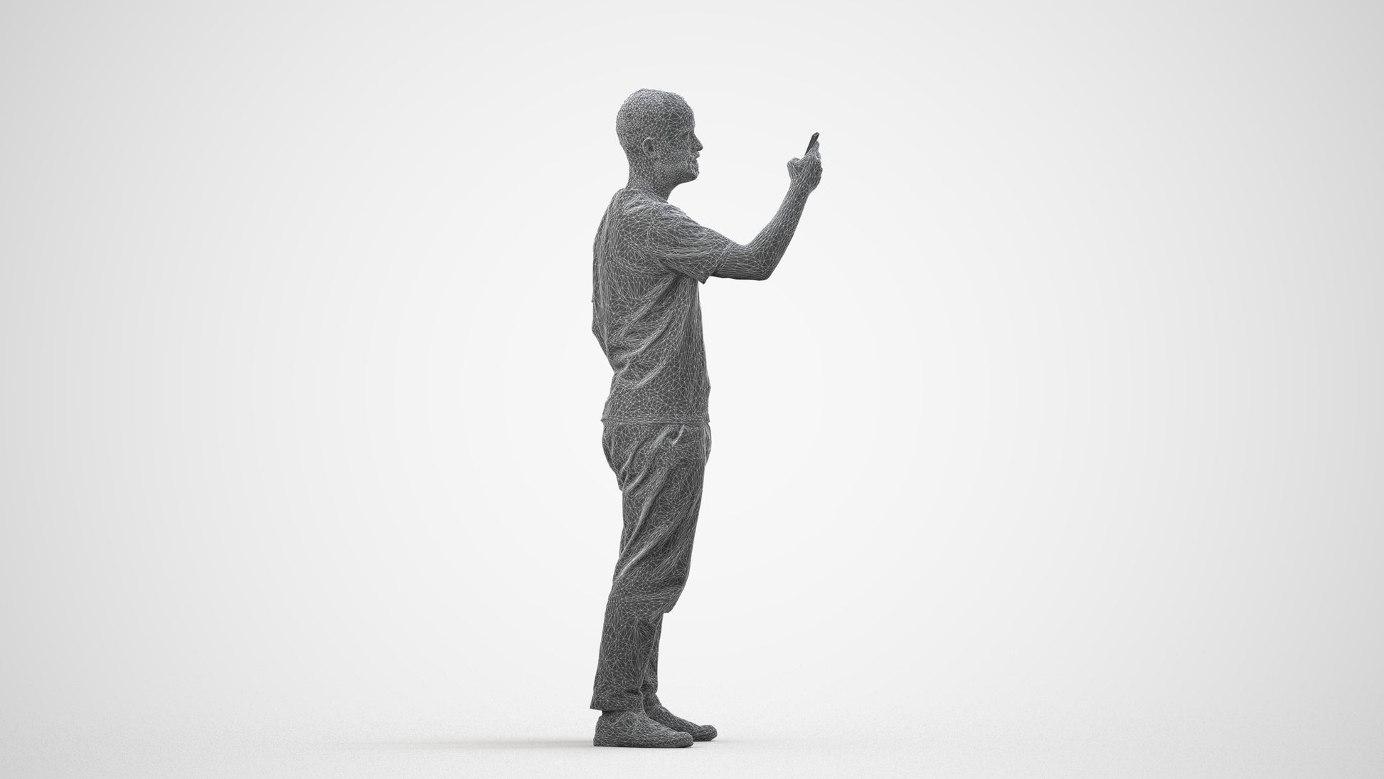 3D people model man casual standing, scanned human for 3ds Max rendering, wireframe side view