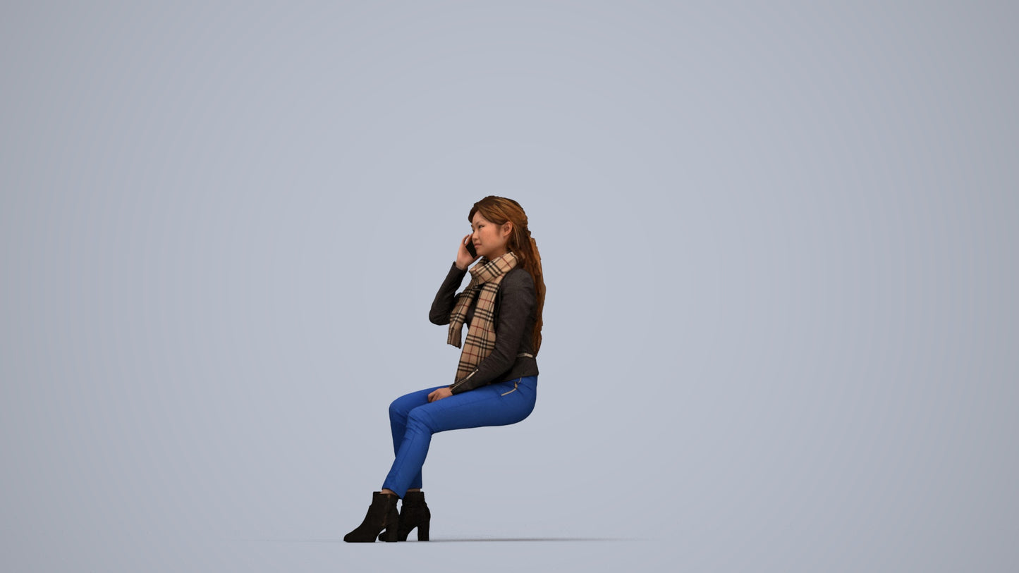 realistic 3D human woman casual sitting, archviz people FBX OBJ for Blender, top-down view render