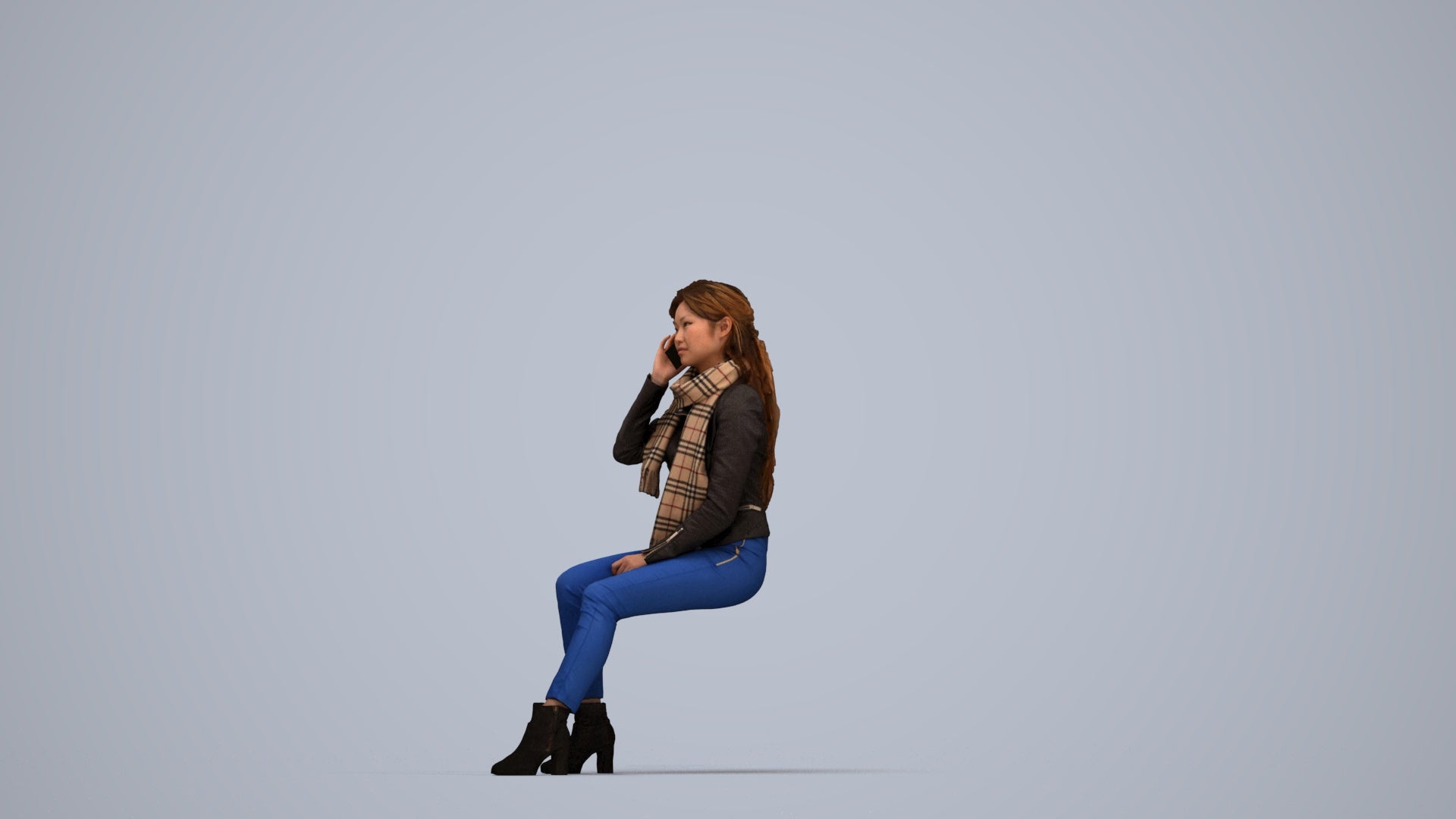 realistic 3D human woman casual sitting, archviz people FBX OBJ for Blender, top-down view render