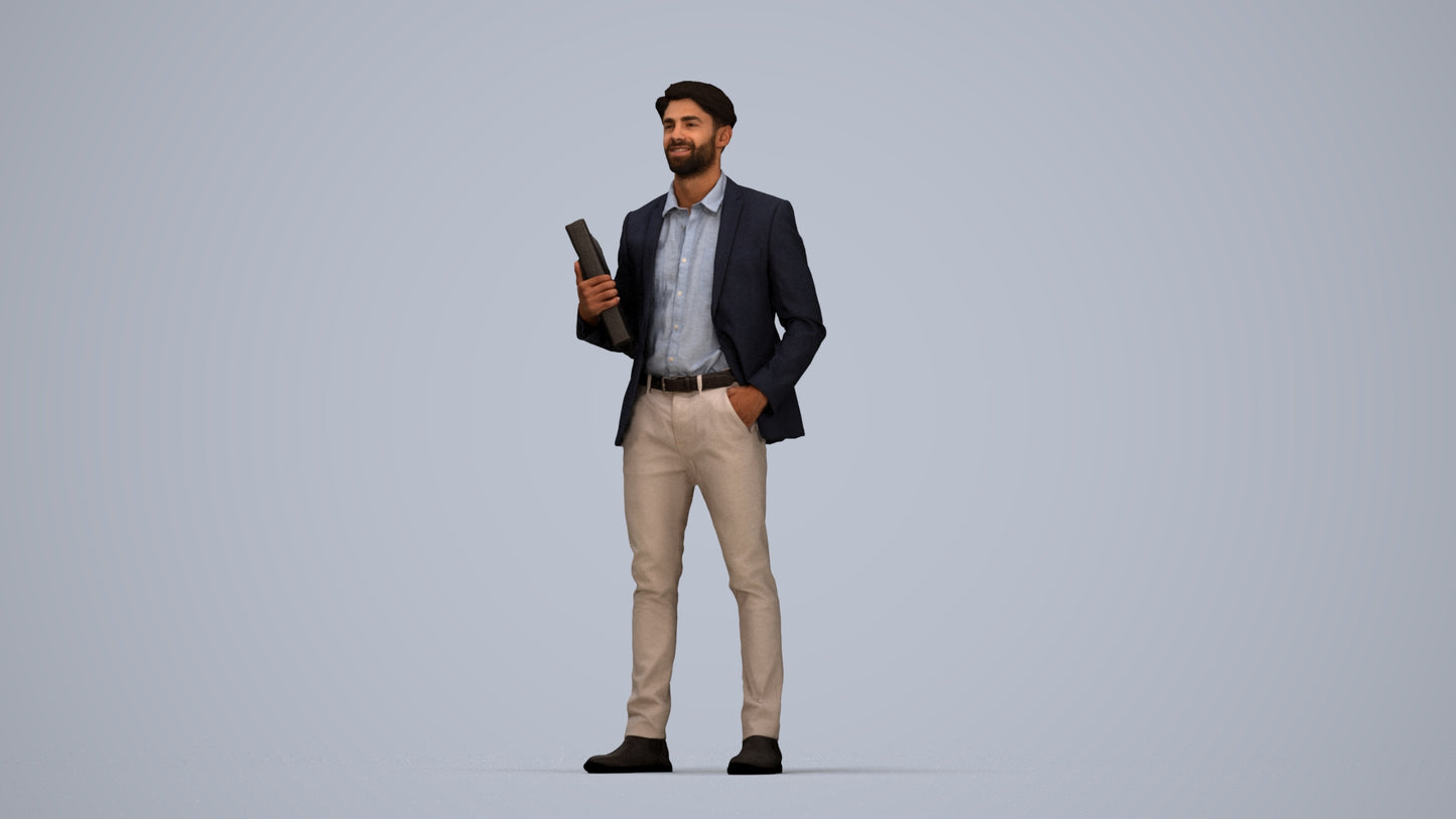3D human model man business, photogrammetry scanned person for archviz, top-down view render