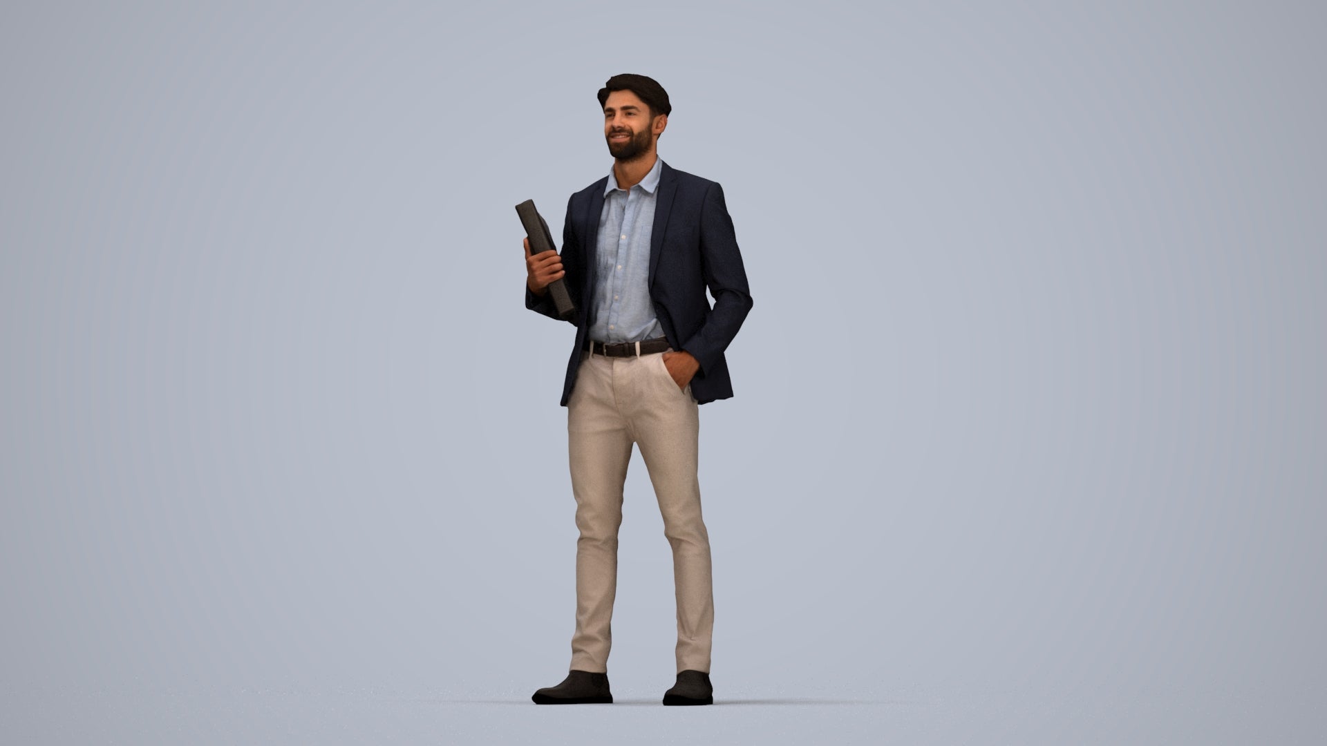 3D human model man business, photogrammetry scanned person for archviz, top-down view render
