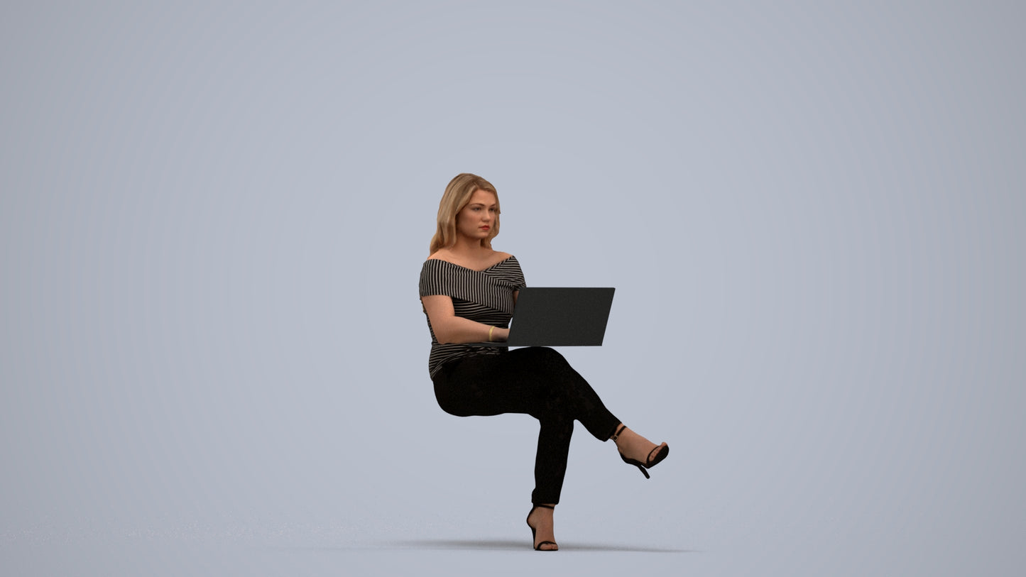 realistic 3D human woman business sitting, archviz people FBX OBJ for Blender, standing pose render