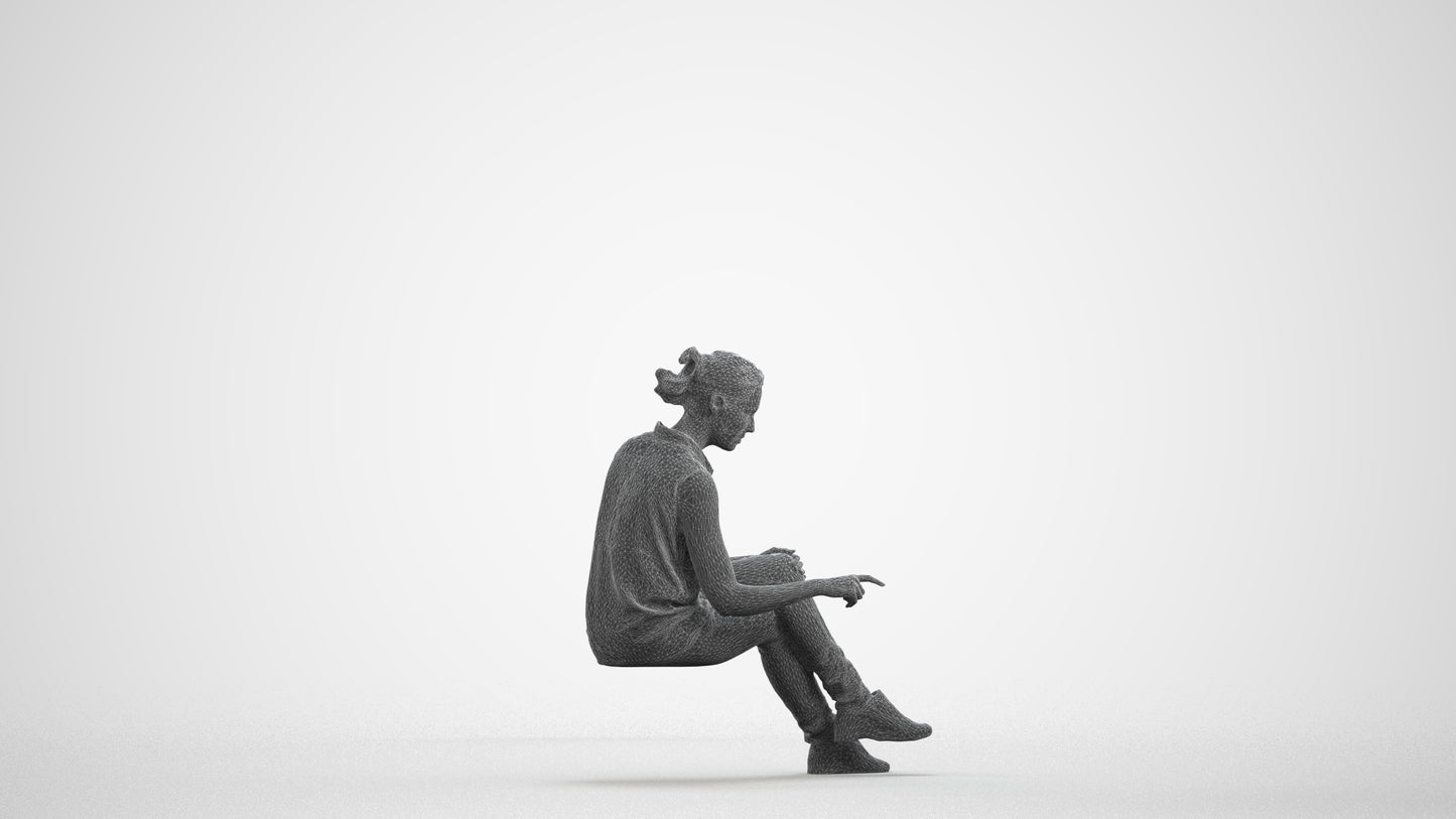realistic 3D people woman casual sitting, render-ready for V-Ray and Corona, FBX OBJ, wireframe front view