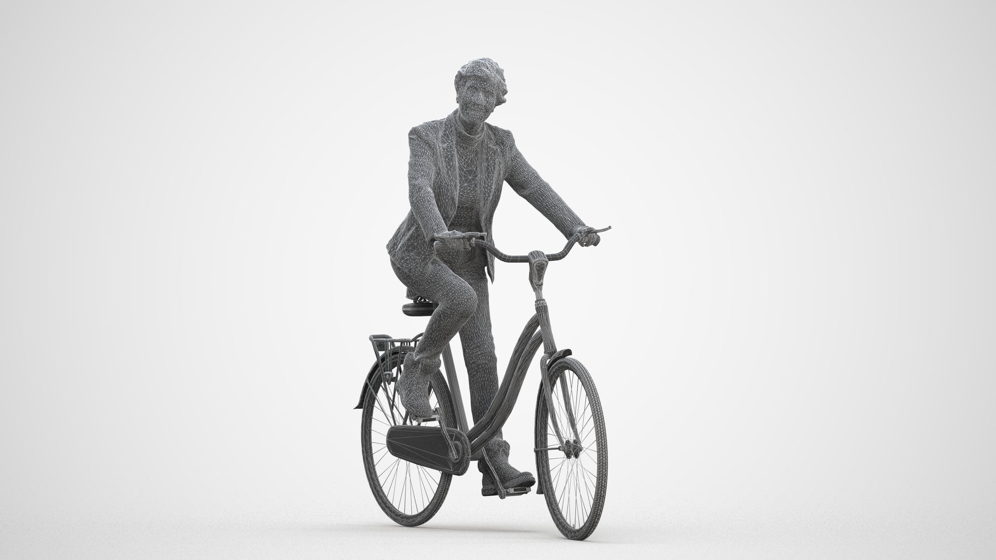photogrammetry 3D senior woman business cycling, realistic human model archviz FBX, three-quarter front view render