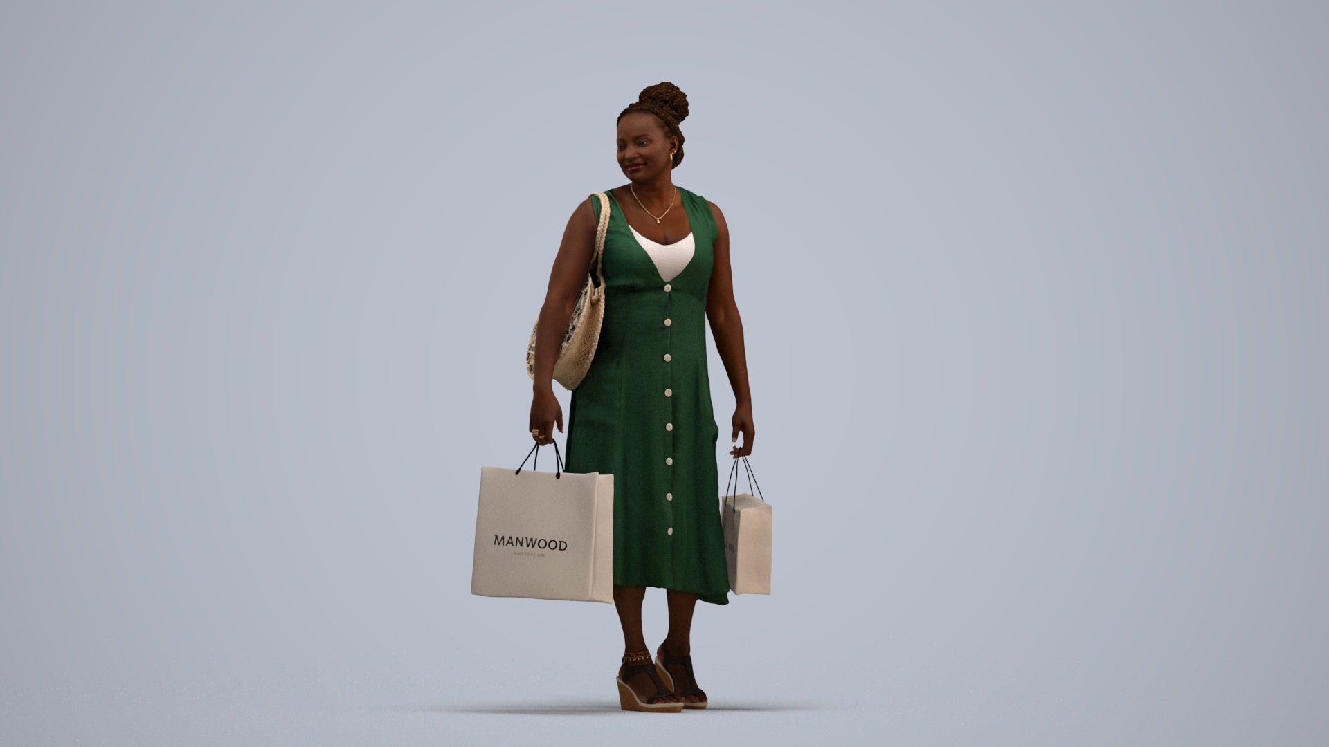 realistic 3D people woman casual shopping, render-ready for V-Ray and Corona, FBX OBJ, standing pose render